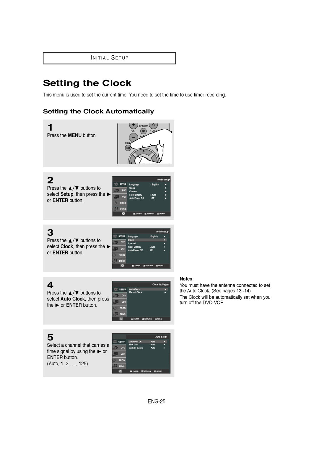 Samsung DVD-V9650 instruction manual Setting the Clock Automatically, ENG-25, Auto, 1, 2 