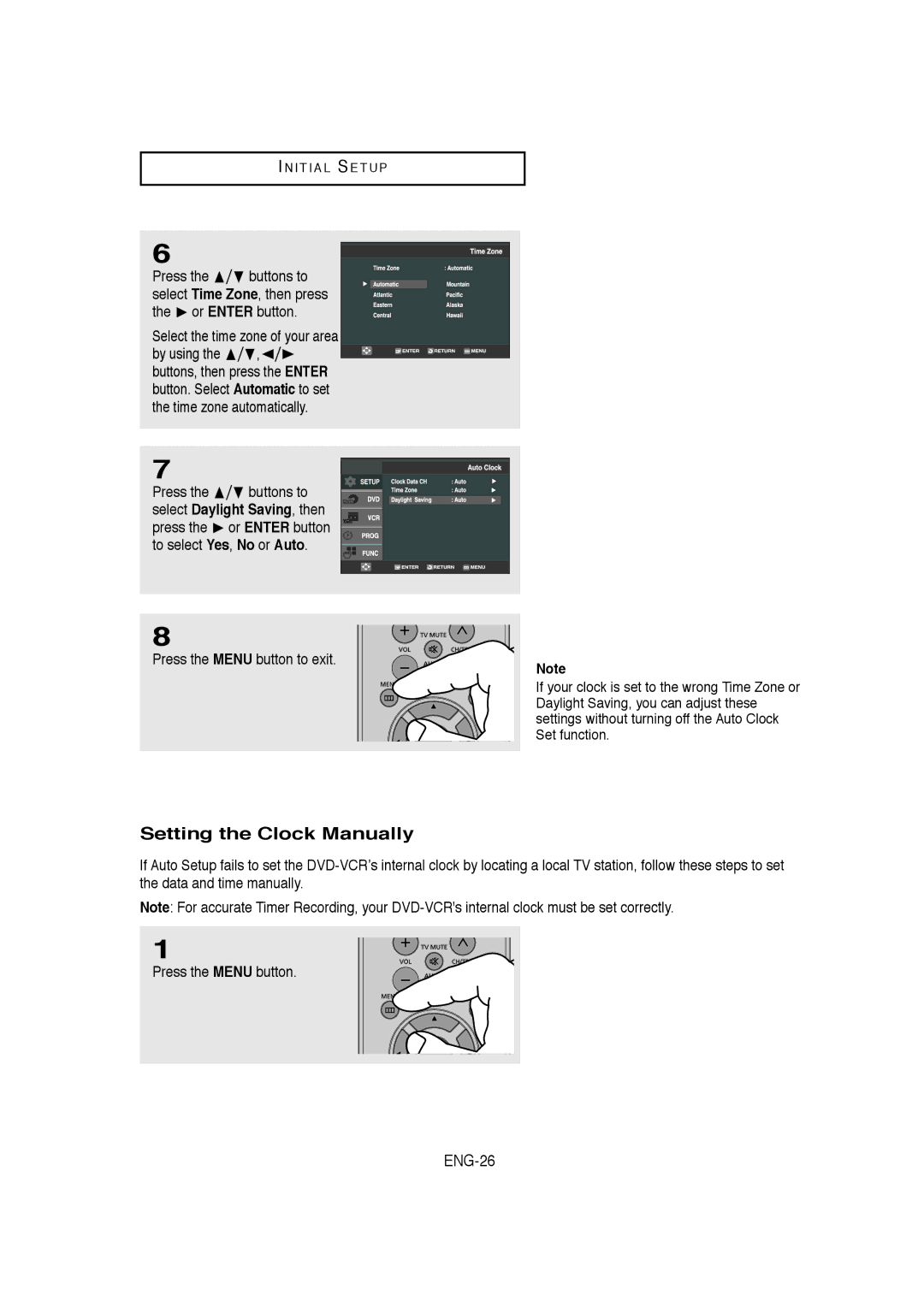 Samsung DVD-V9650 instruction manual Setting the Clock Manually, ENG-26, Select the time zone of your area 