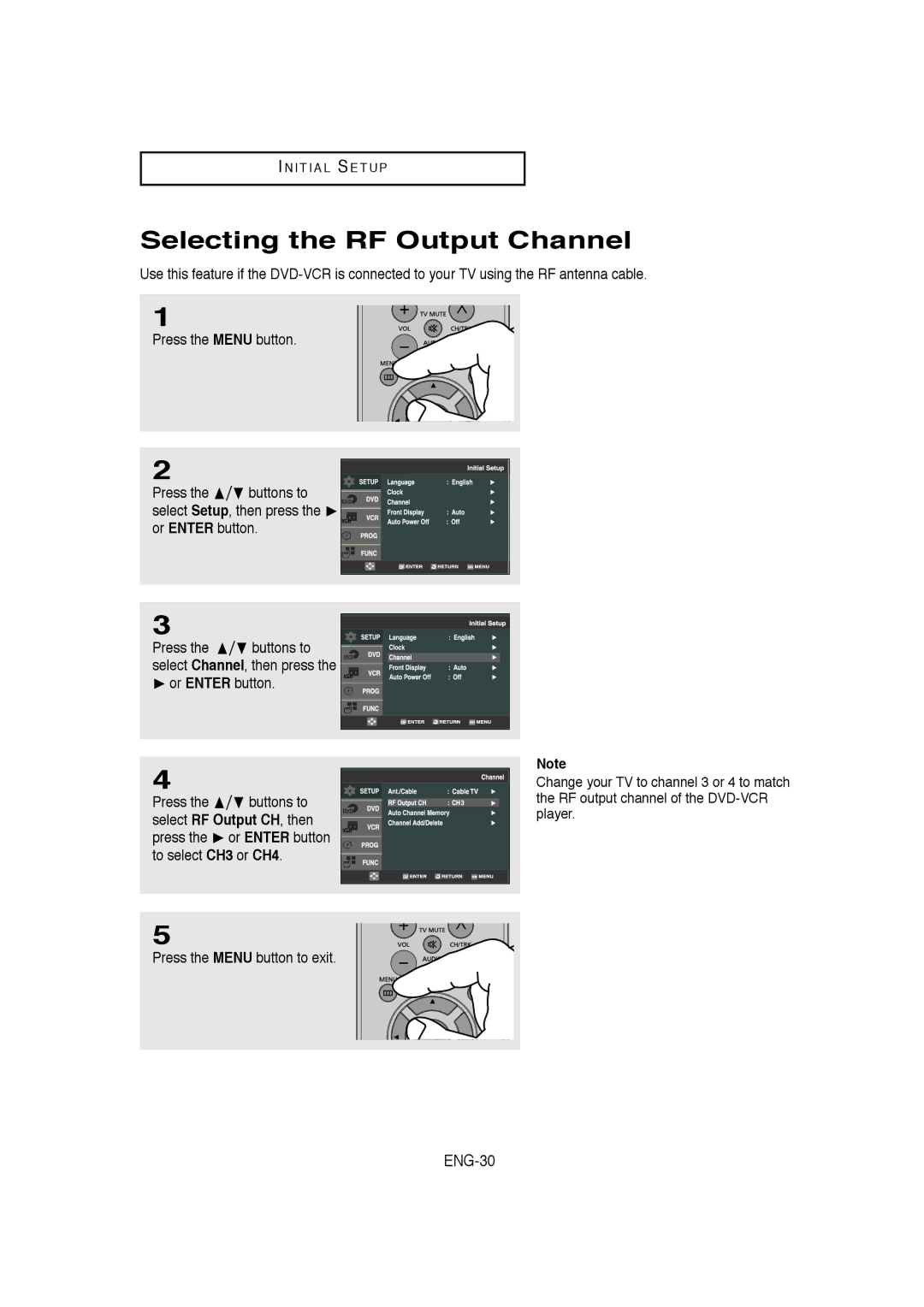 Samsung DVD-V9650 instruction manual Selecting the RF Output Channel, ENG-30 