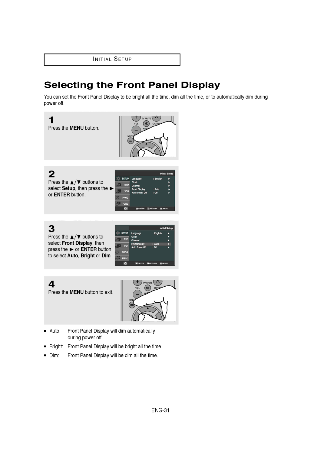 Samsung DVD-V9650 instruction manual Selecting the Front Panel Display, ENG-31 