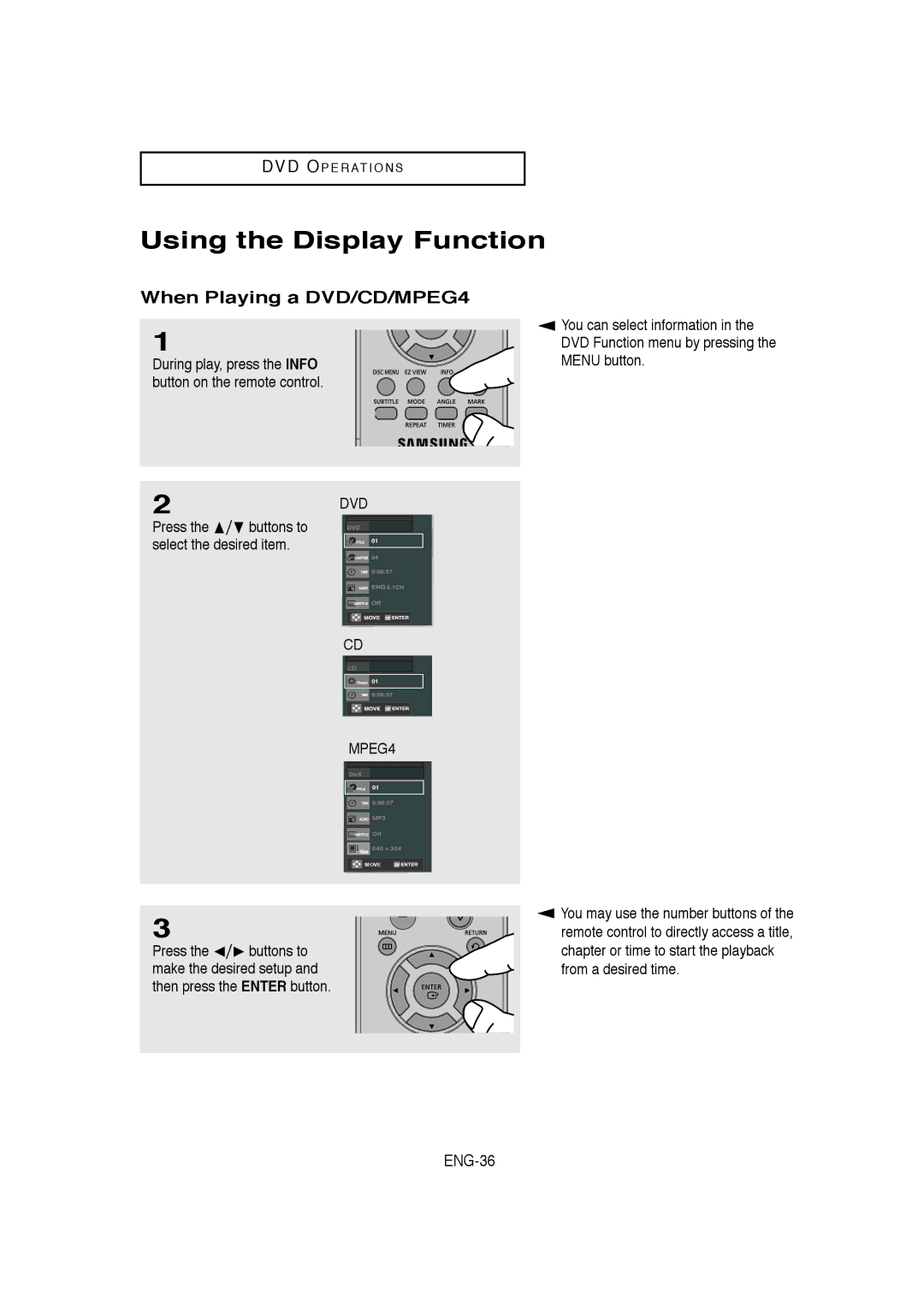 Samsung DVD-V9650 instruction manual Using the Display Function, When Playing a DVD/CD/MPEG4, ENG-36 