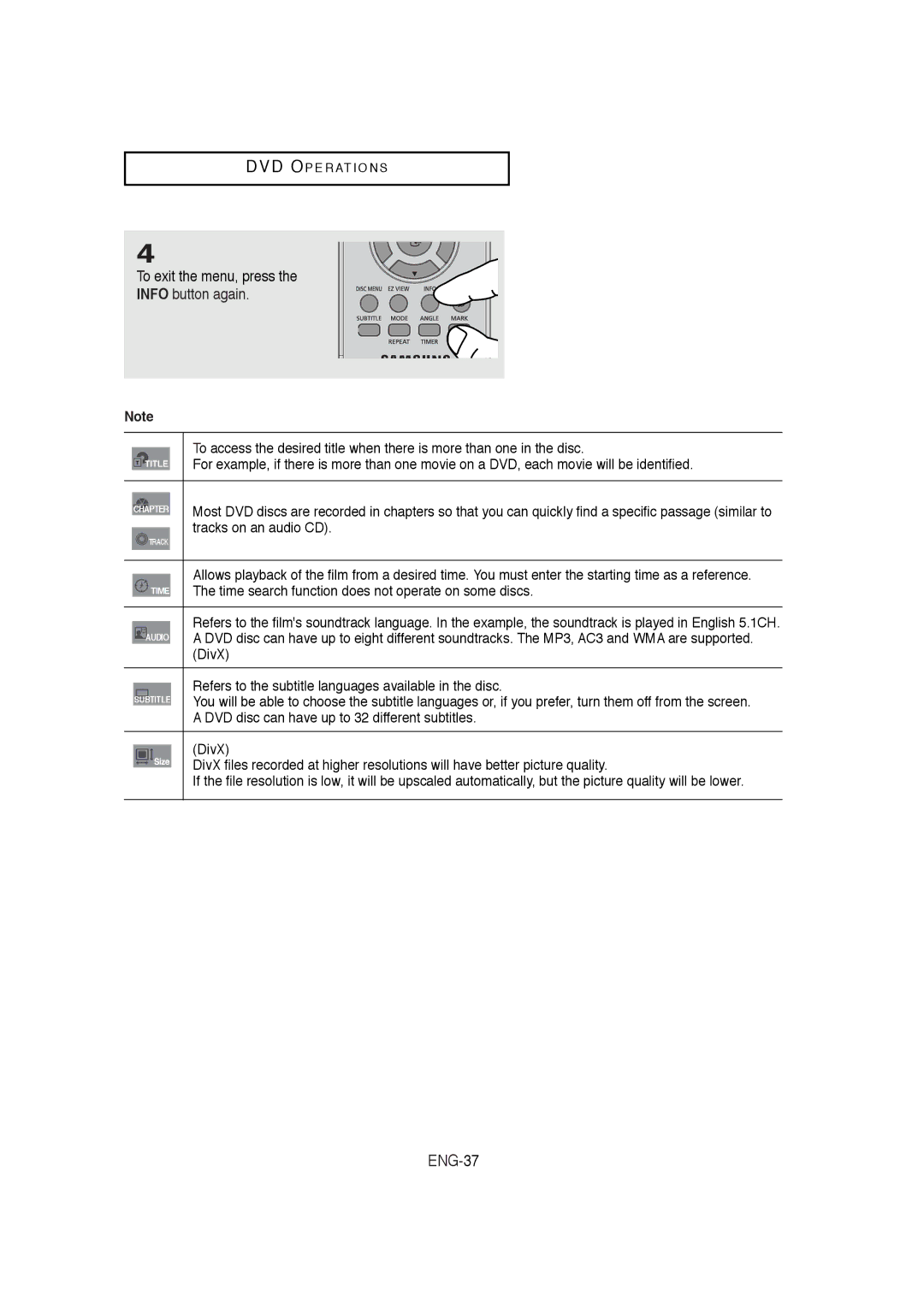 Samsung DVD-V9650 instruction manual ENG-37, To exit the menu, press Info button again 