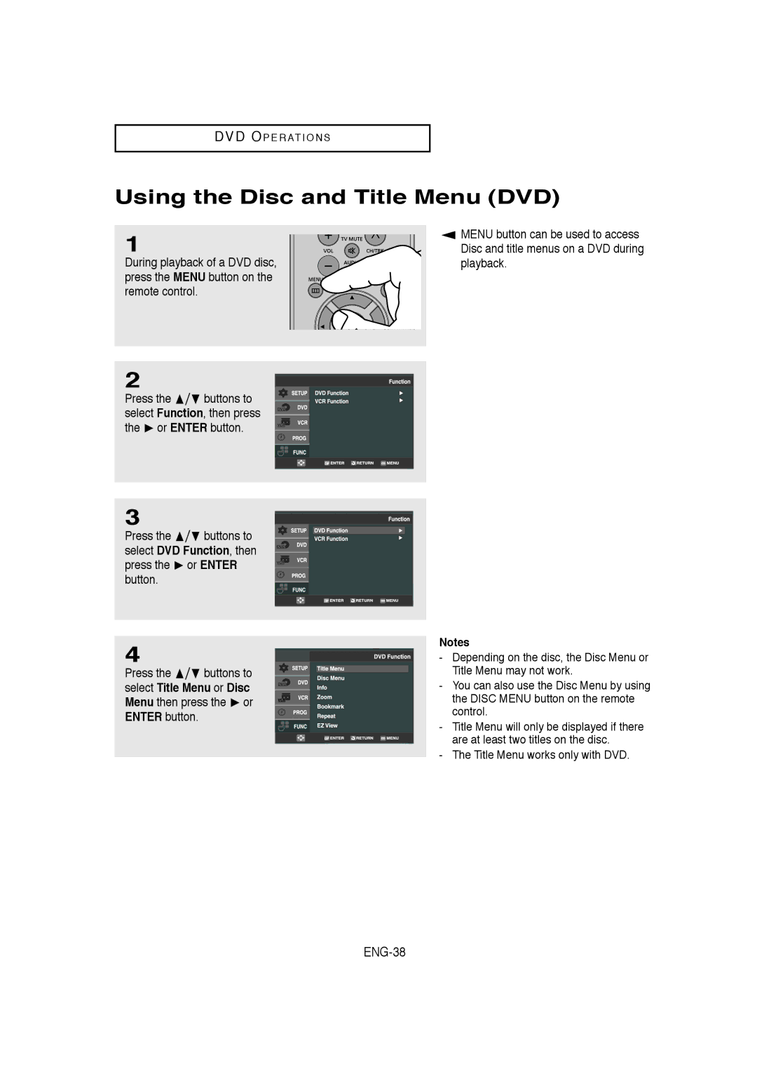 Samsung DVD-V9650 instruction manual Using the Disc and Title Menu DVD, ENG-38 