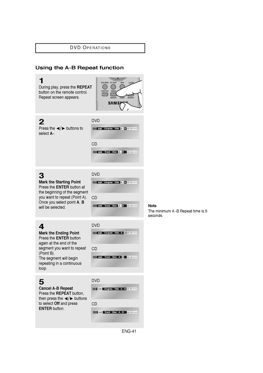 Samsung DVD-V9650 instruction manual Using the A-B Repeat function, ENG-41, Press the #$ buttons to select a 