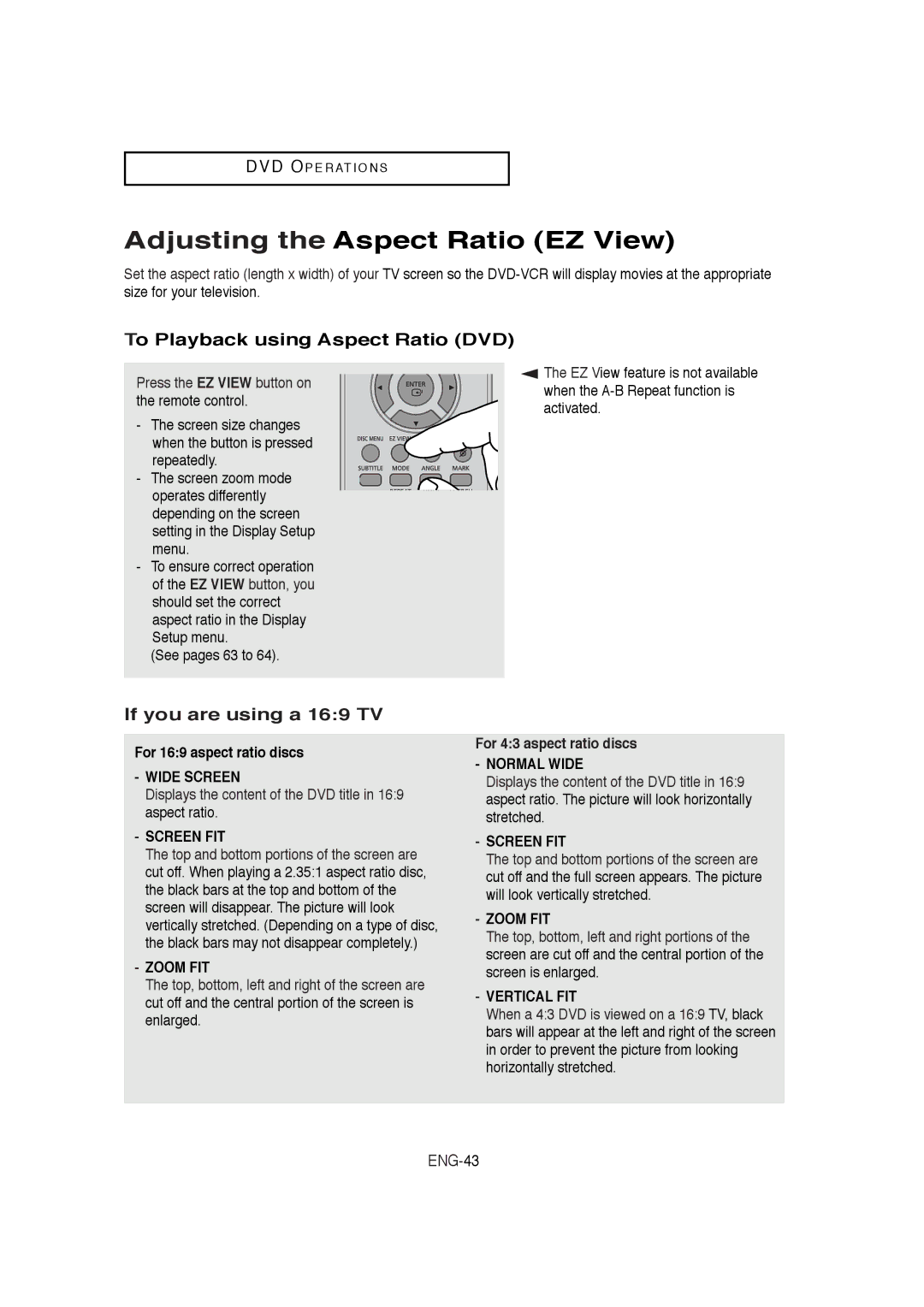 Samsung DVD-V9650 Adjusting the Aspect Ratio EZ View, To Playback using Aspect Ratio DVD, If you are using a 169 TV 