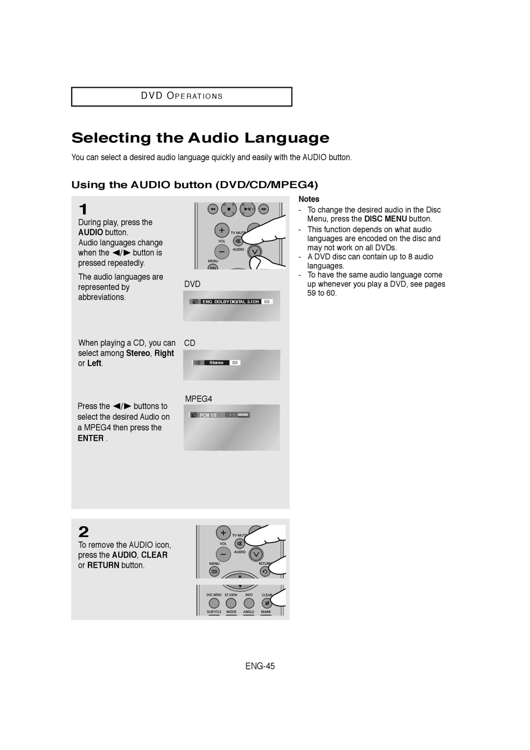 Samsung DVD-V9650 instruction manual Selecting the Audio Language, Using the Audio button DVD/CD/MPEG4, ENG-45 