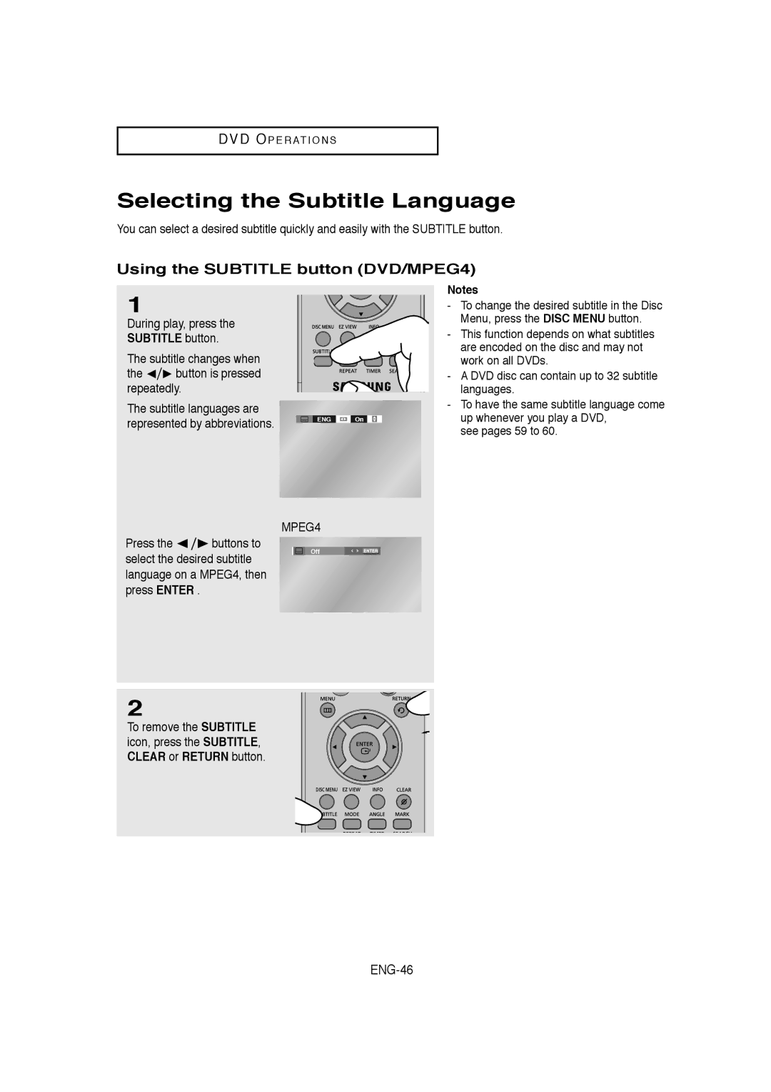 Samsung DVD-V9650 Selecting the Subtitle Language, Using the Subtitle button DVD/MPEG4, ENG-46, During play, press 