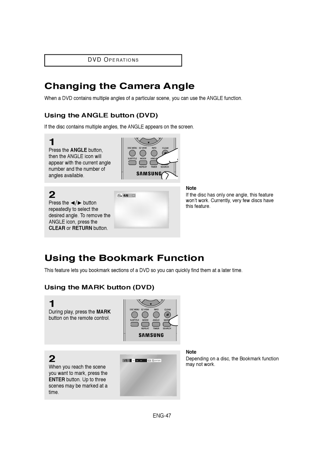 Samsung DVD-V9650 Changing the Camera Angle, Using the Bookmark Function, Using the Angle button DVD, ENG-47 