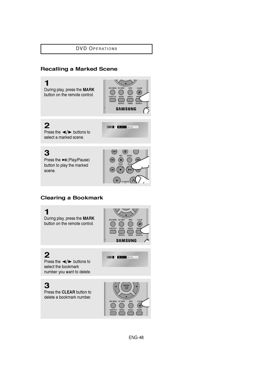 Samsung DVD-V9650 instruction manual Recalling a Marked Scene, Clearing a Bookmark, ENG-48 