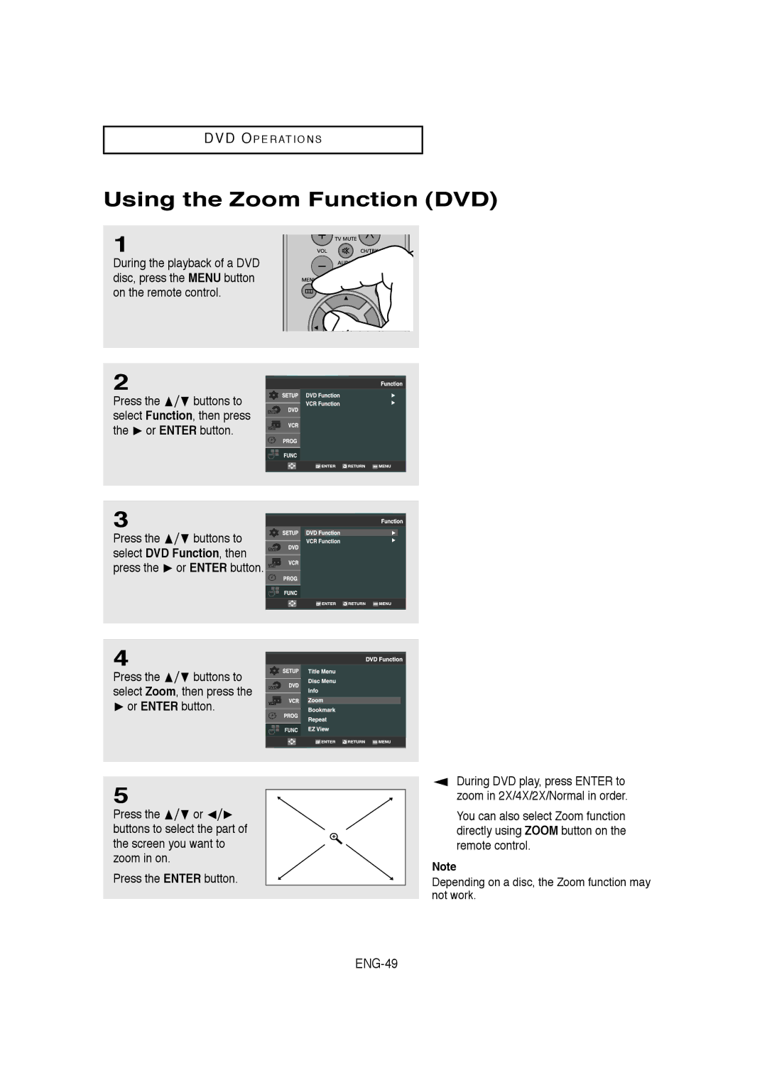 Samsung DVD-V9650 instruction manual Using the Zoom Function DVD, ENG-49, Press the $ or Enter button 