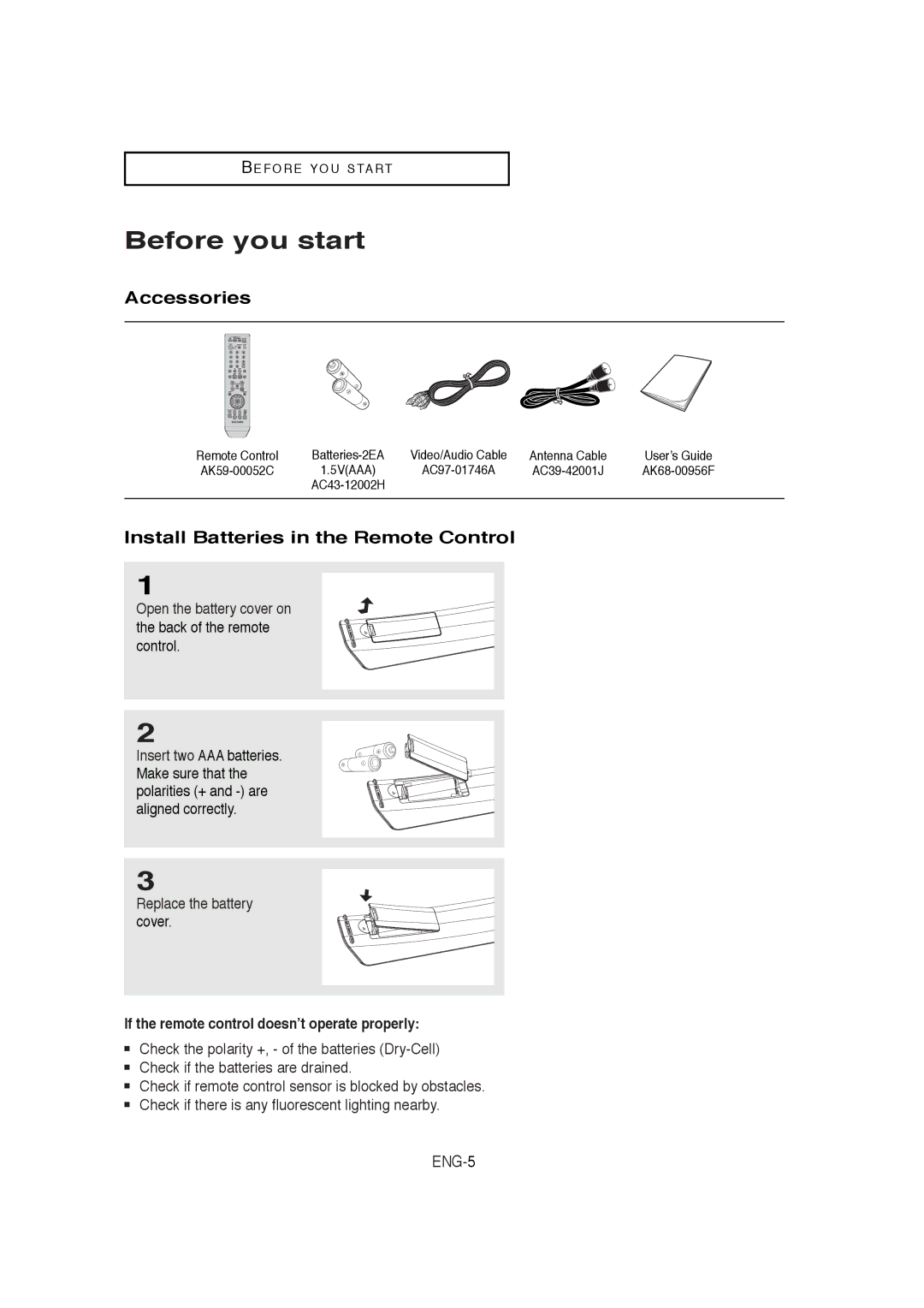 Samsung DVD-V9650 instruction manual Before you start, Accessories, Install Batteries in the Remote Control 