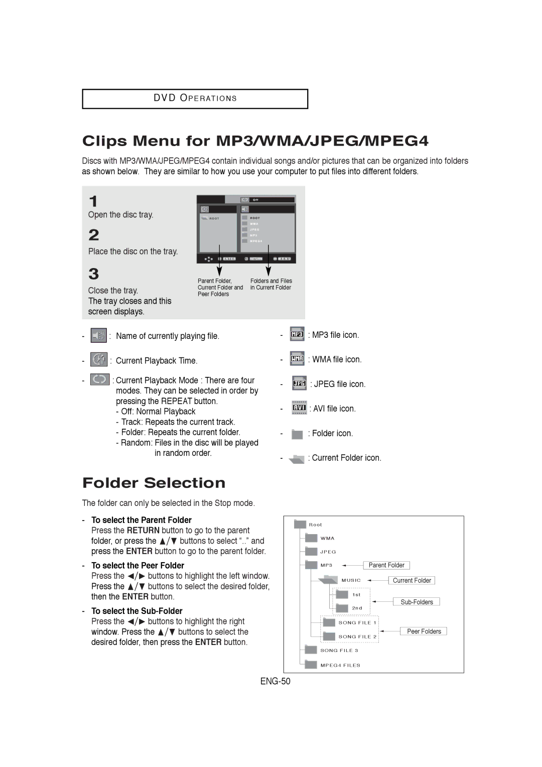 Samsung DVD-V9650 instruction manual Clips Menu for MP3/WMA/JPEG/MPEG4, Folder Selection, ENG-50 