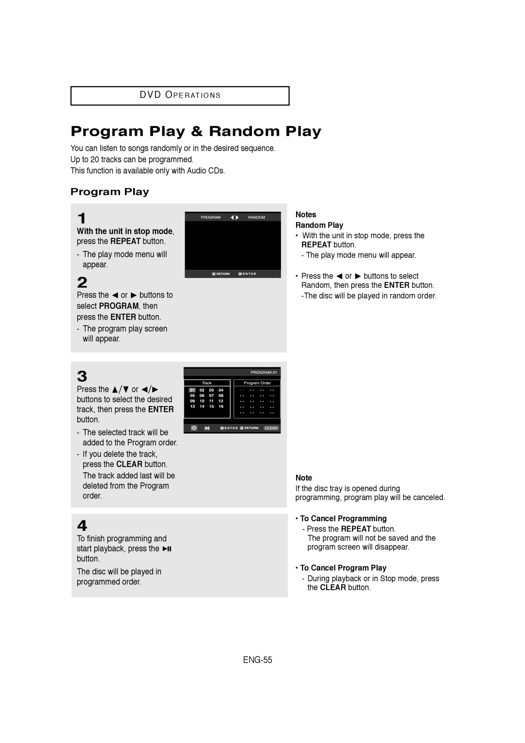 Samsung DVD-V9650 instruction manual Program Play & Random Play, ENG-55, Play mode menu will appear 