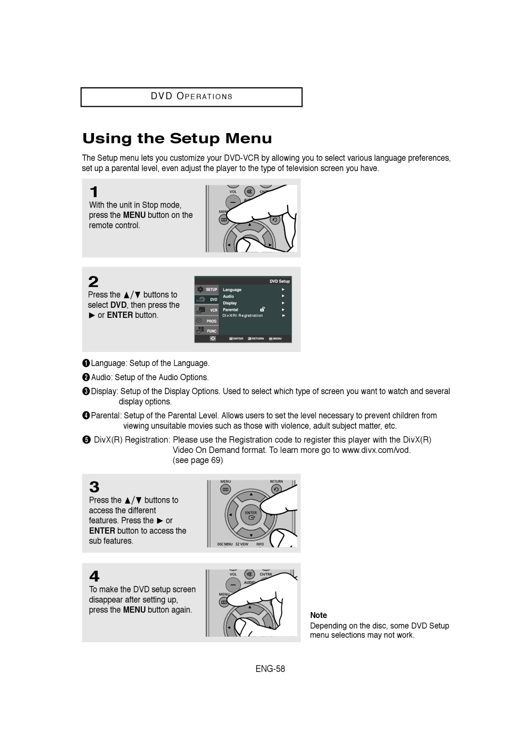 Samsung DVD-V9650 instruction manual Using the Setup Menu, ENG-58, $ or Enter button 