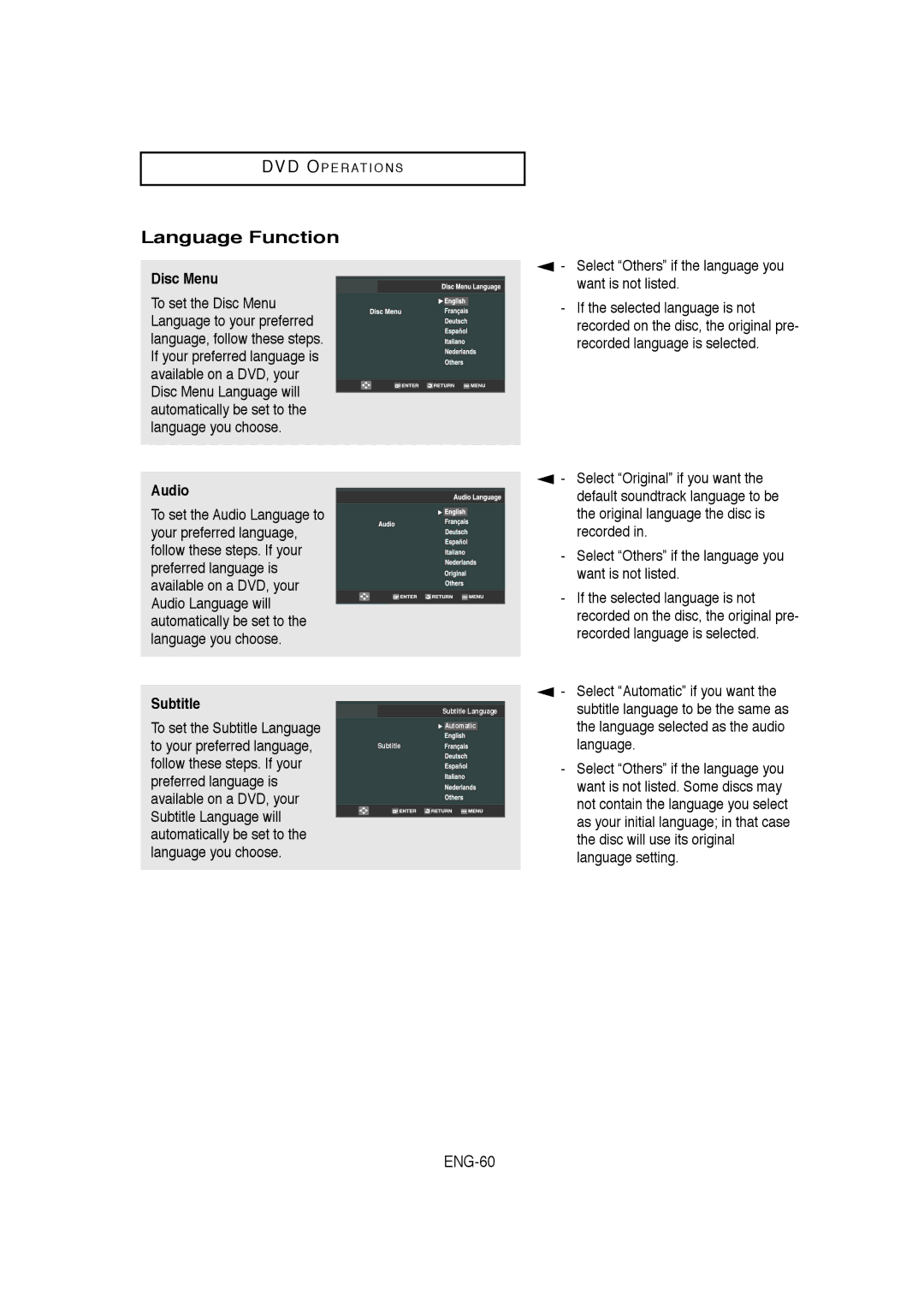 Samsung DVD-V9650 instruction manual Language Function, ENG-60, Disc Menu, Audio, Subtitle 