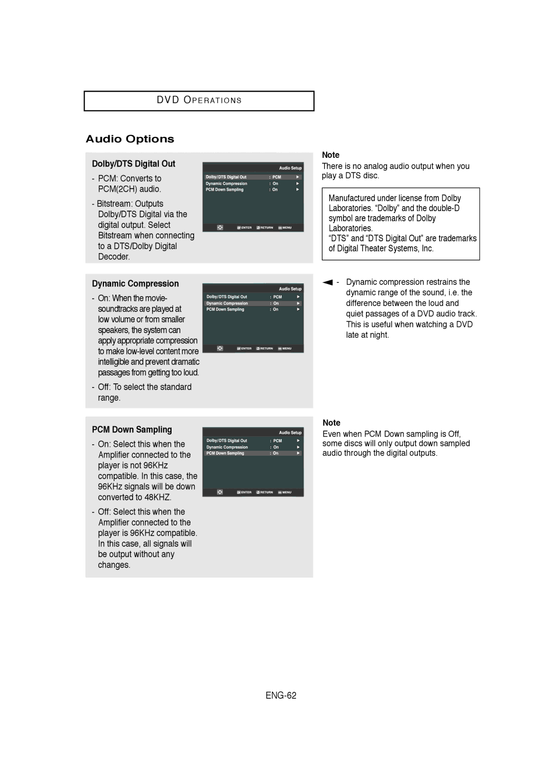 Samsung DVD-V9650 instruction manual Audio Options, ENG-62, Dolby/DTS Digital Out, Dynamic Compression, PCM Down Sampling 