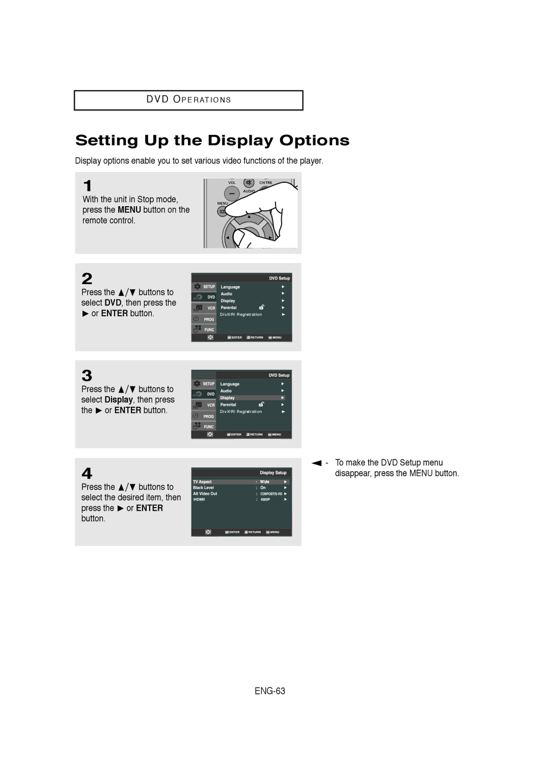 Samsung DVD-V9650 instruction manual Setting Up the Display Options, ENG-63 