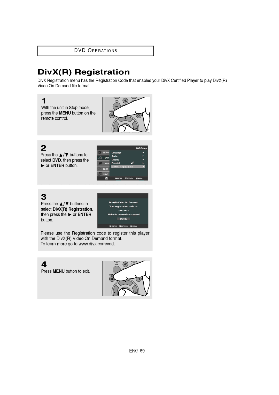 Samsung DVD-V9650 instruction manual DivXR Registration, ENG-69 