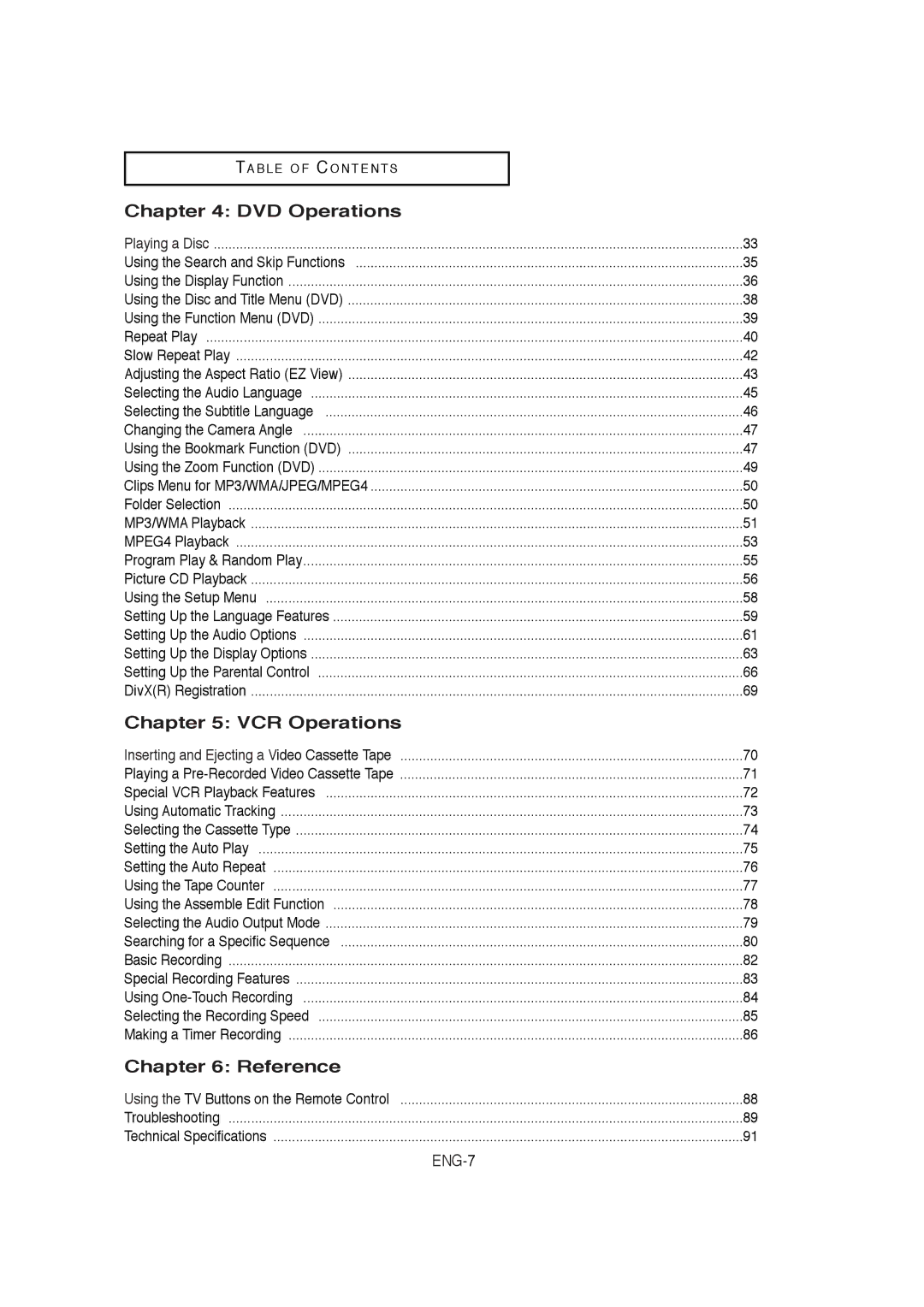 Samsung DVD-V9650 instruction manual DVD Operations, VCR Operations, Reference 