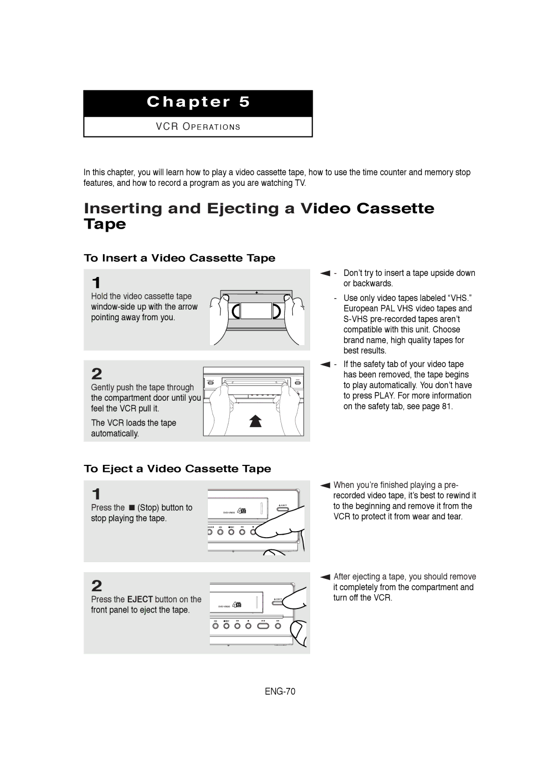 Samsung DVD-V9650 instruction manual Inserting and Ejecting a Video Cassette Tape, To Insert a Video Cassette Tape, ENG-70 