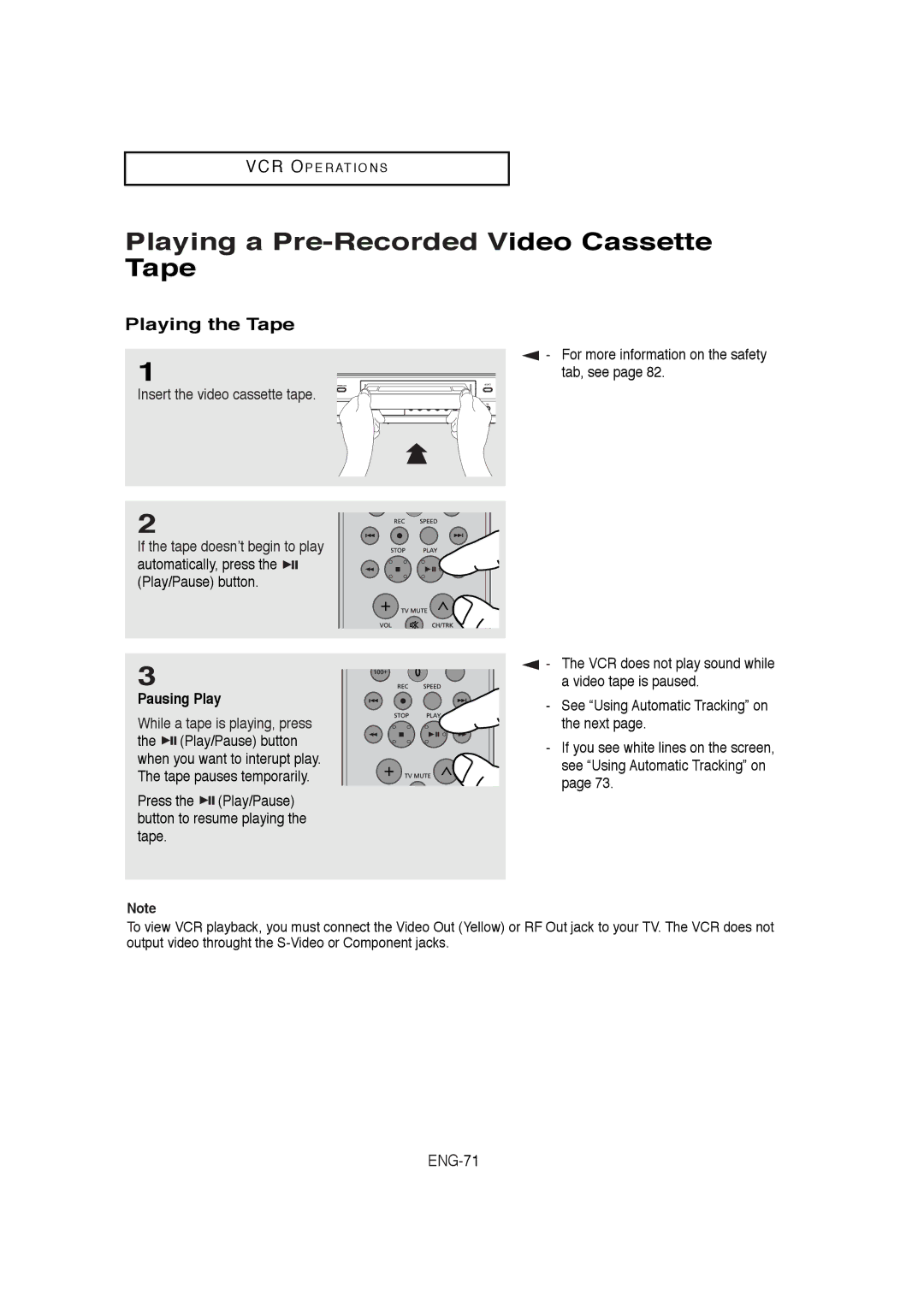 Samsung DVD-V9650 instruction manual Playing a Pre-Recorded Video Cassette Tape, Playing the Tape, ENG-71 