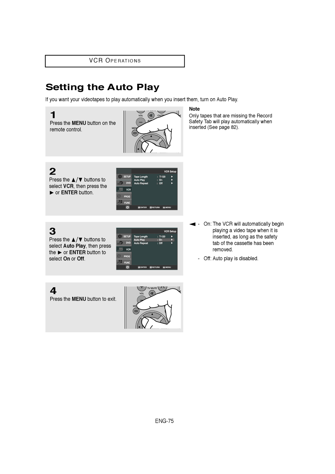 Samsung DVD-V9650 instruction manual Setting the Auto Play, ENG-75 