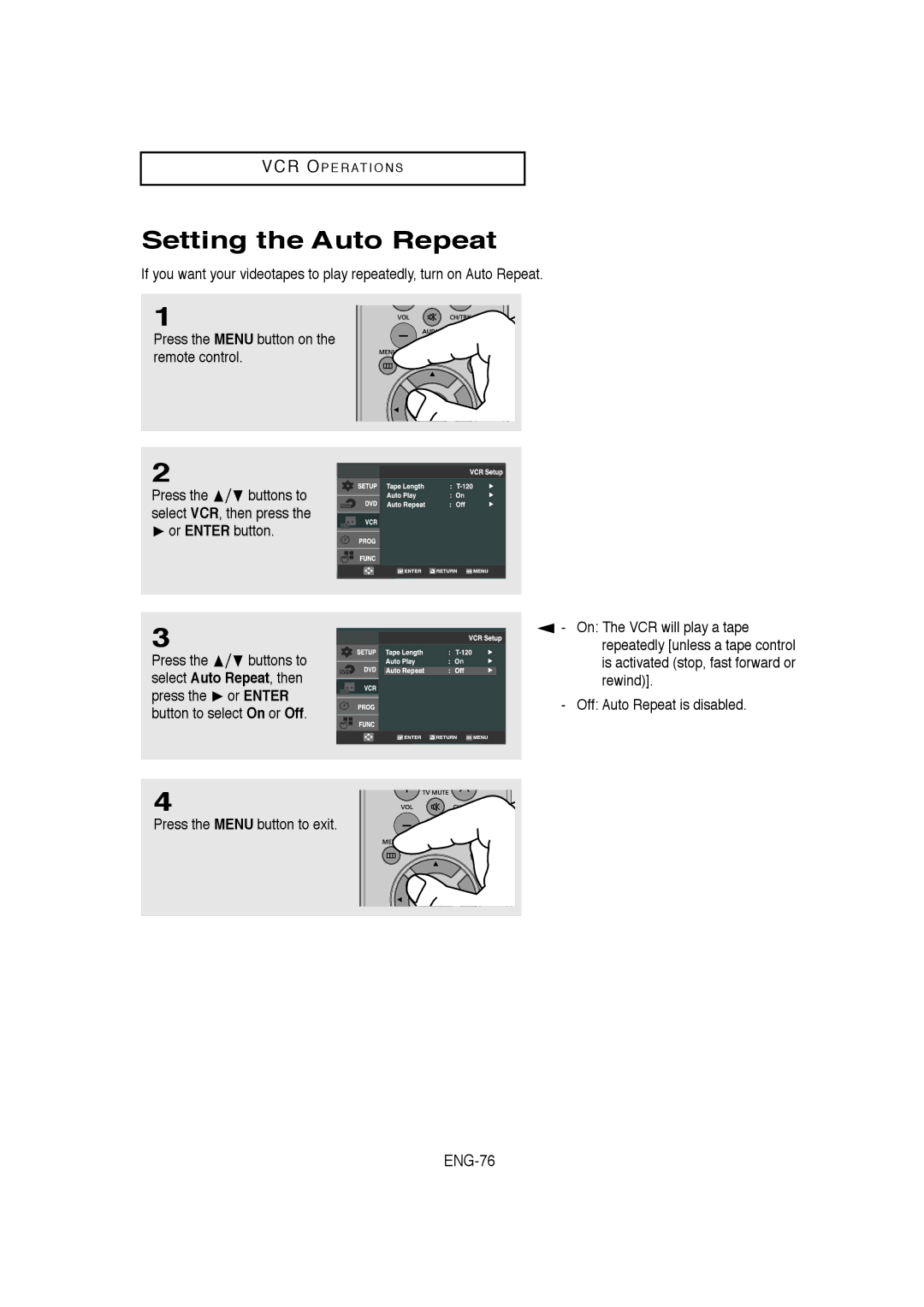 Samsung DVD-V9650 instruction manual Setting the Auto Repeat, ENG-76 