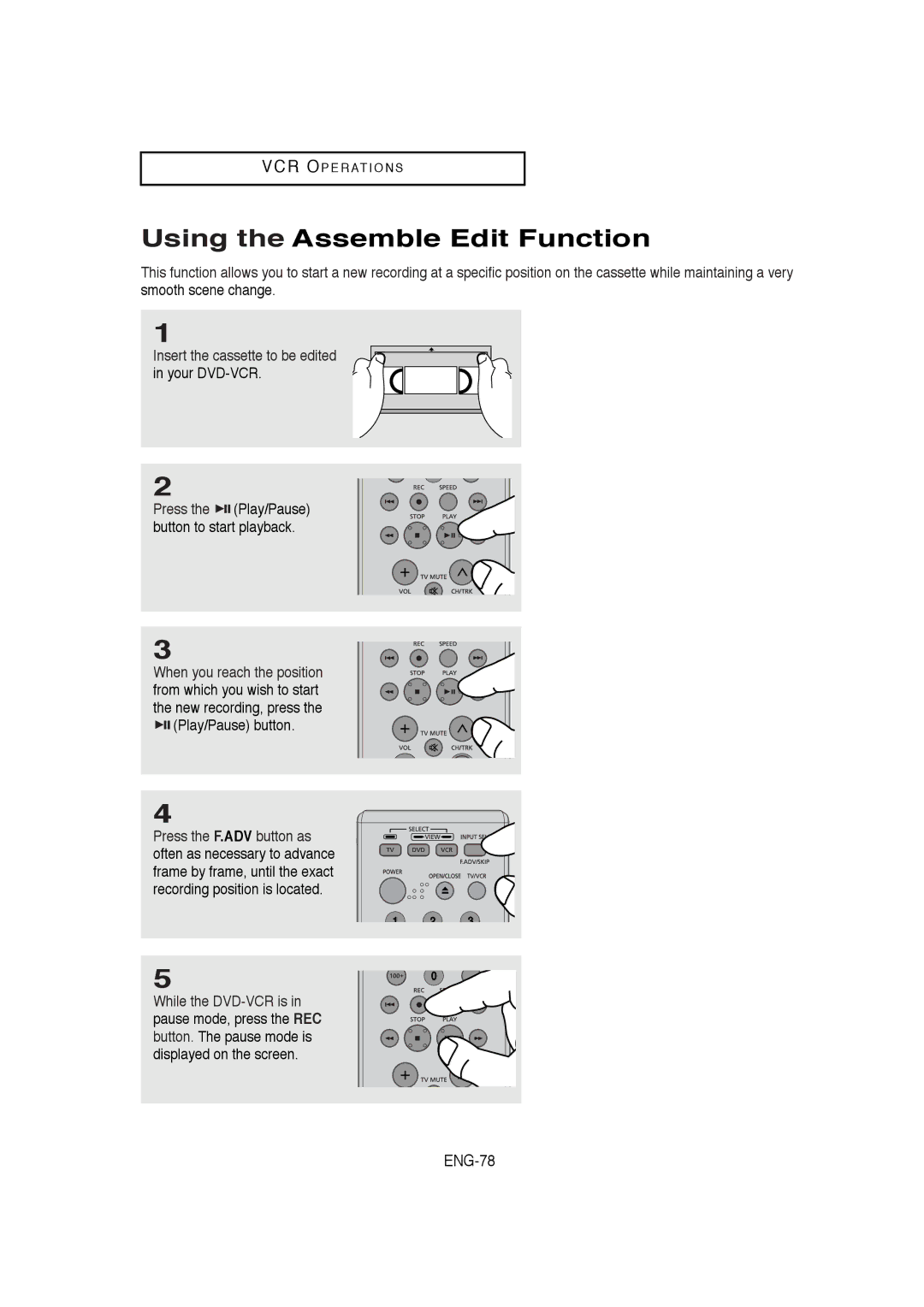 Samsung DVD-V9650 instruction manual Using the Assemble Edit Function, ENG-78 