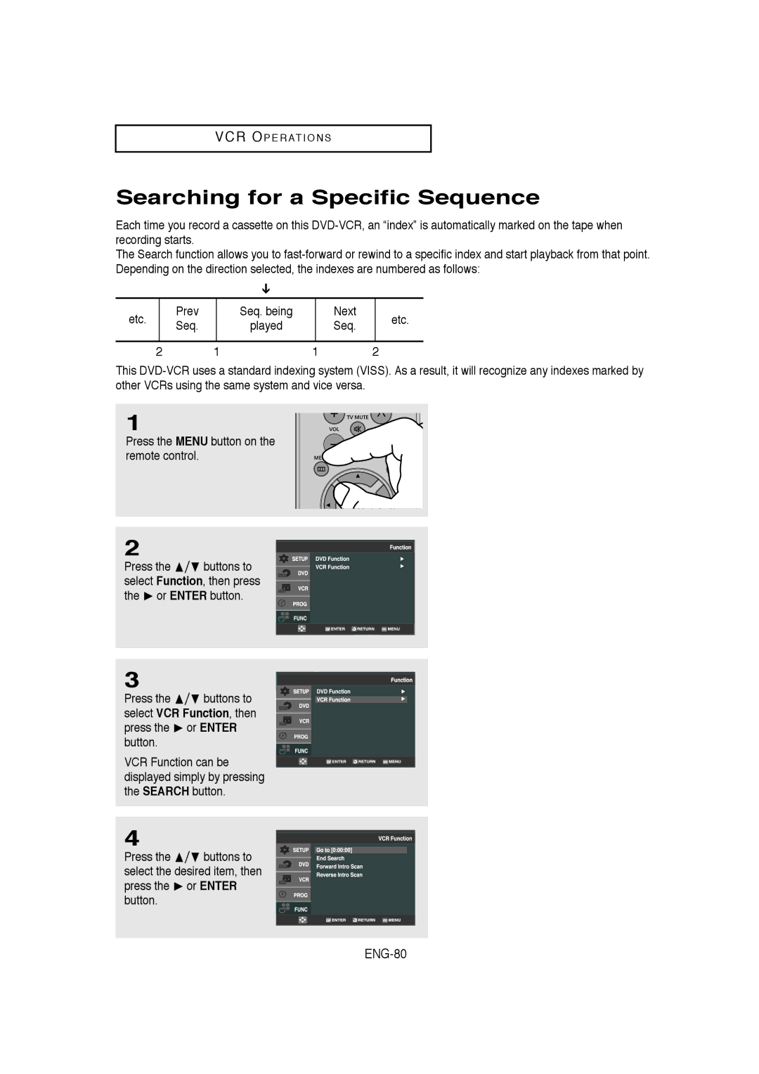 Samsung DVD-V9650 instruction manual Searching for a Specific Sequence, ENG-80, Prev, Next Etc Seq 