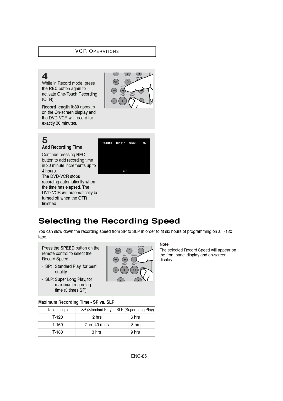 Samsung DVD-V9650 Selecting the Recording Speed, ENG-85, Add Recording Time, Maximum Recording Time SP vs. SLP, Hrs 