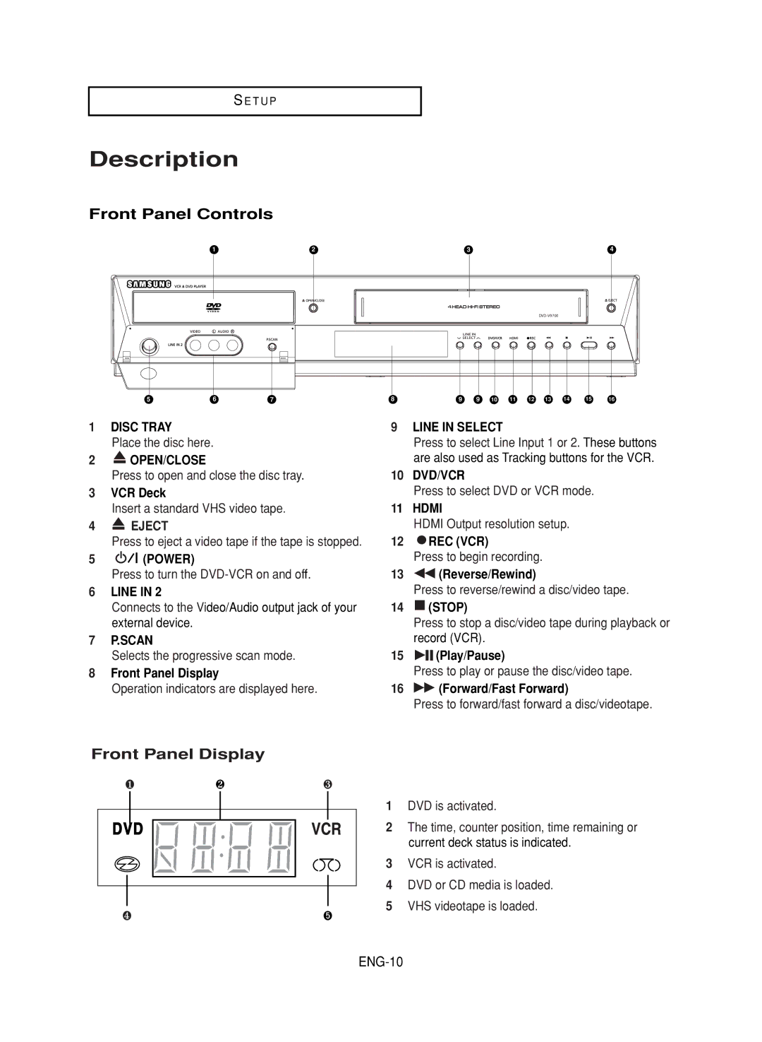 Samsung DVD-V9700 instruction manual Description, Front Panel Controls, Front Panel Display, ENG-10 