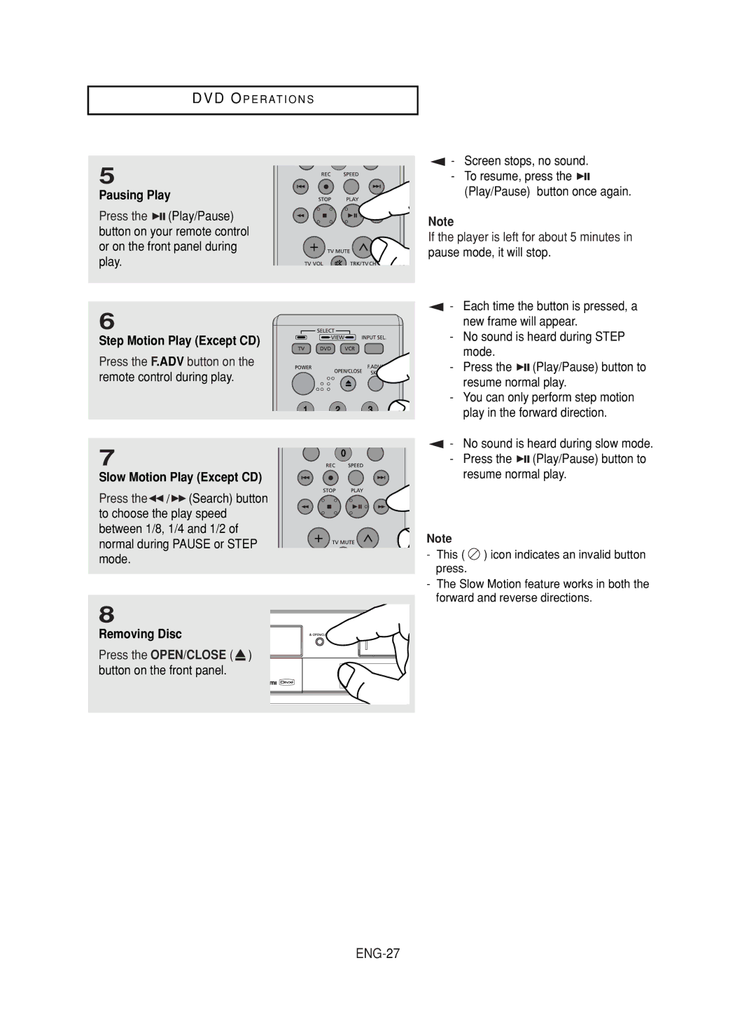 Samsung DVD-V9700 ENG-27, Pausing Play, Step Motion Play Except CD, Slow Motion Play Except CD, Removing Disc 