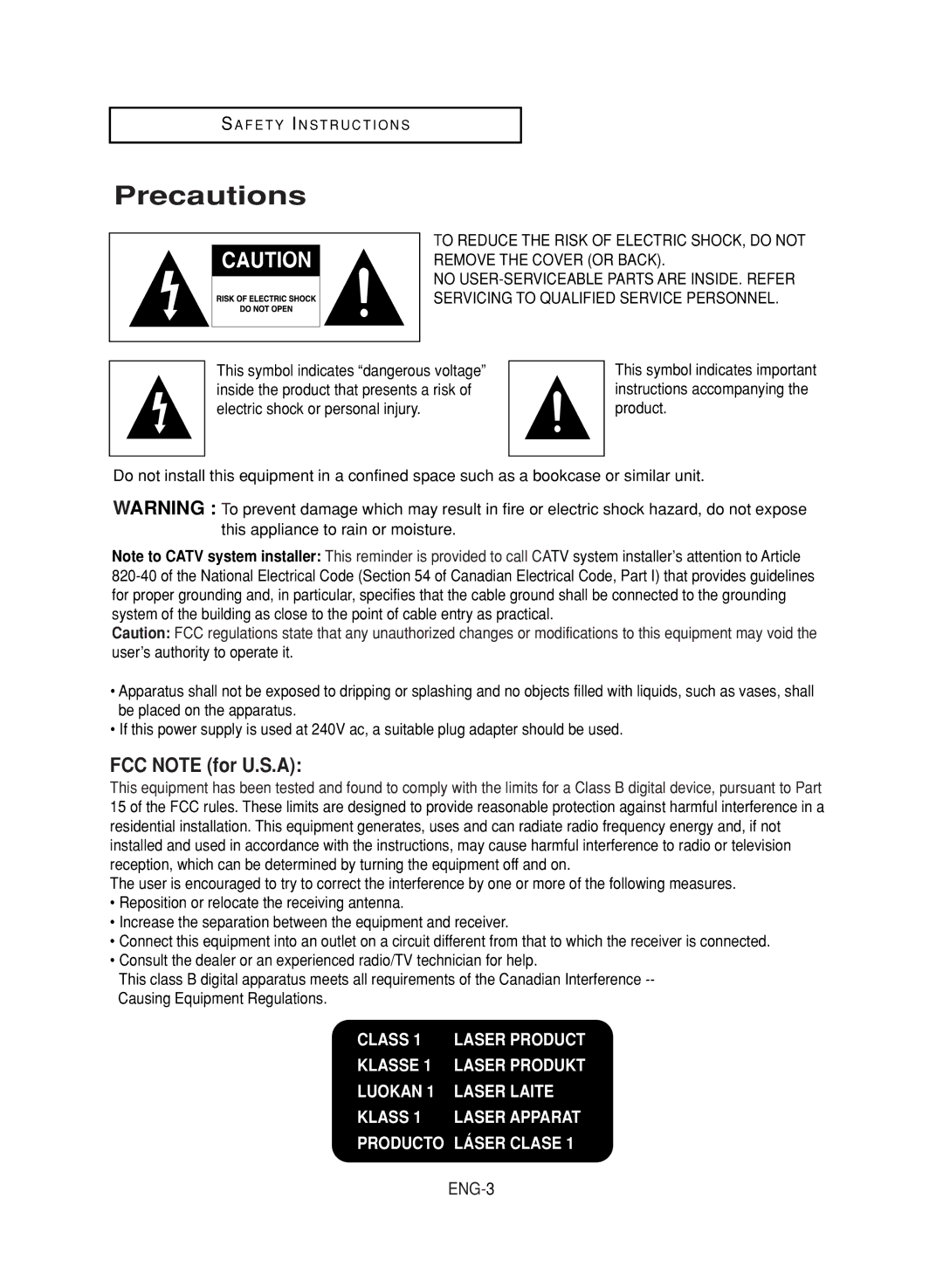 Samsung DVD-V9700 instruction manual Precautions, FCC Note for U.S.A 