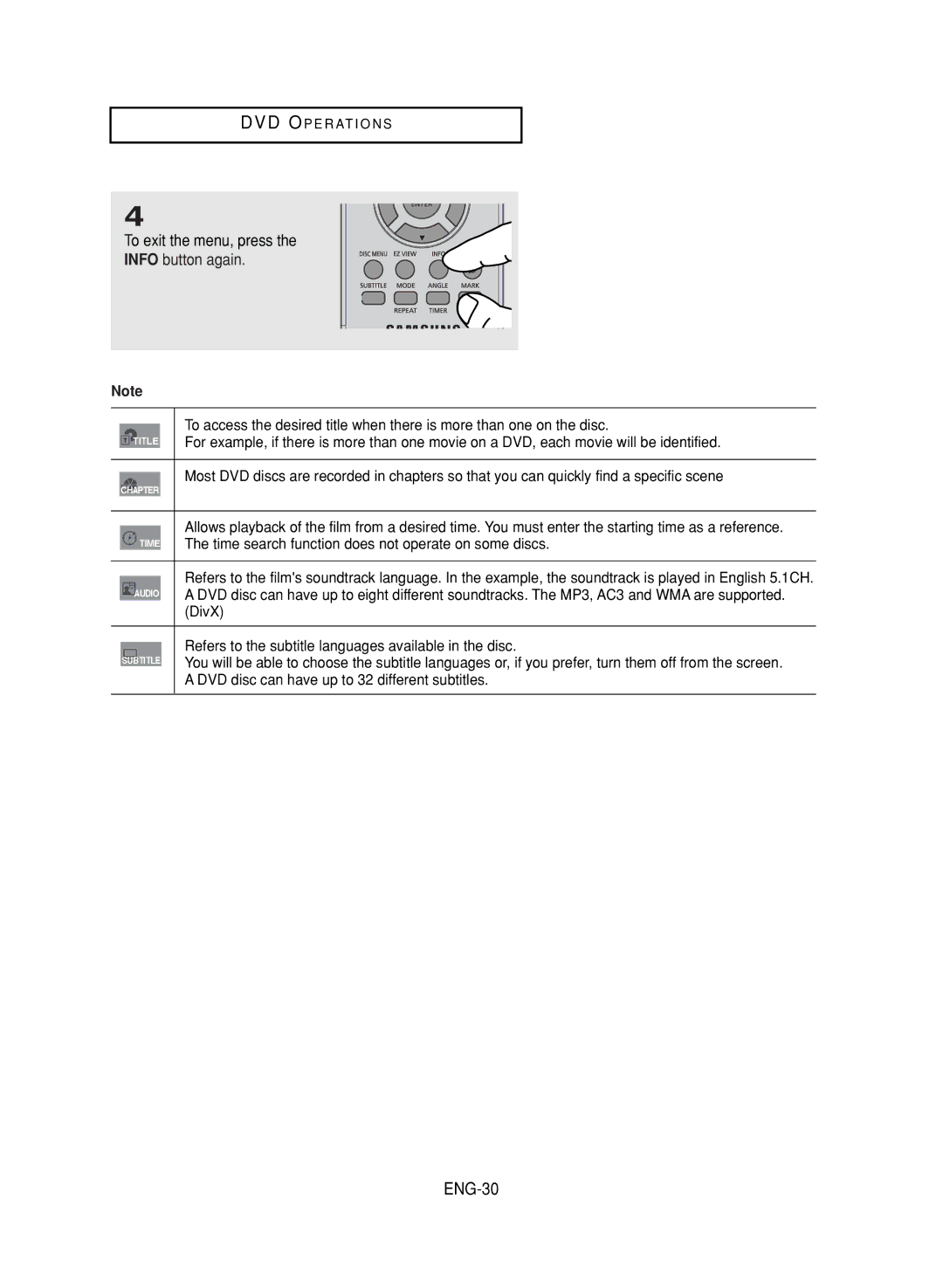 Samsung DVD-V9700 instruction manual ENG-30, To exit the menu, press Info button again 