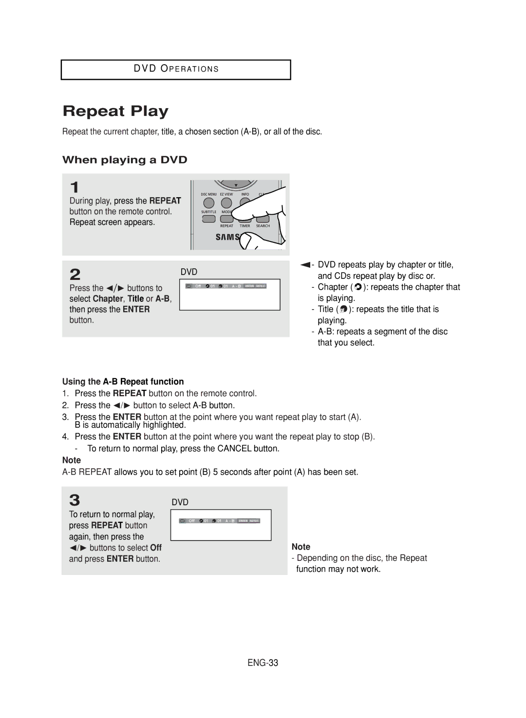 Samsung DVD-V9700 instruction manual Repeat Play, When playing a DVD, ENG-33, Using the A-B Repeat function 