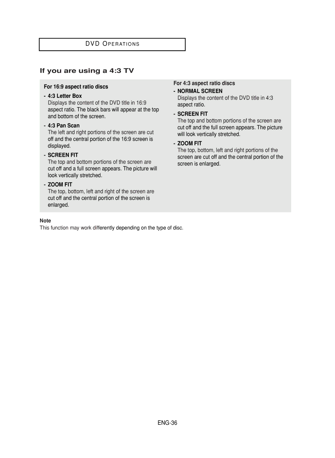 Samsung DVD-V9700 instruction manual If you are using a 43 TV, ENG-36, For 169 aspect ratio discs Letter Box, Pan Scan 