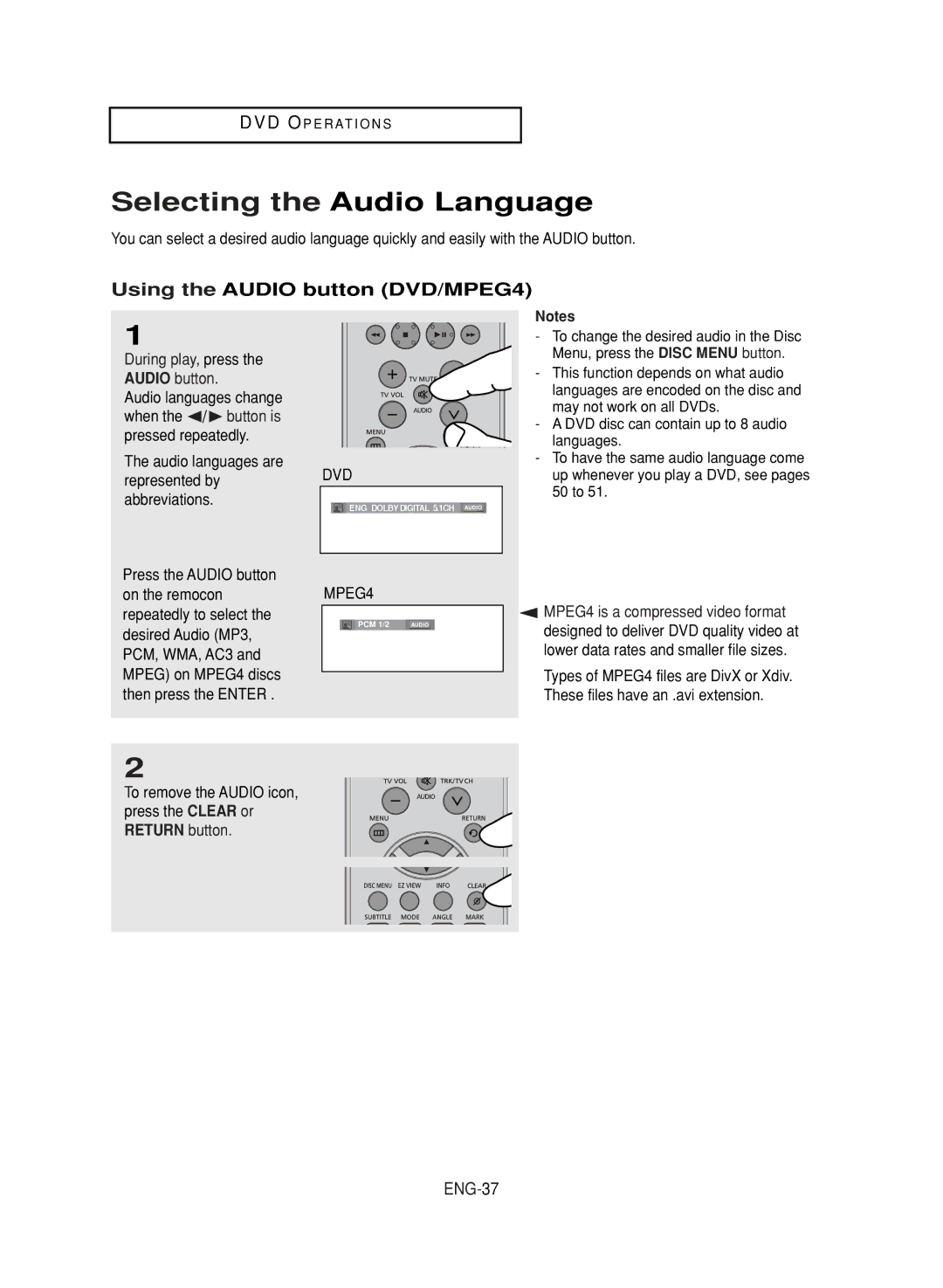 Samsung DVD-V9700 instruction manual Selecting the Audio Language, Using the Audio button DVD/MPEG4, ENG-37 