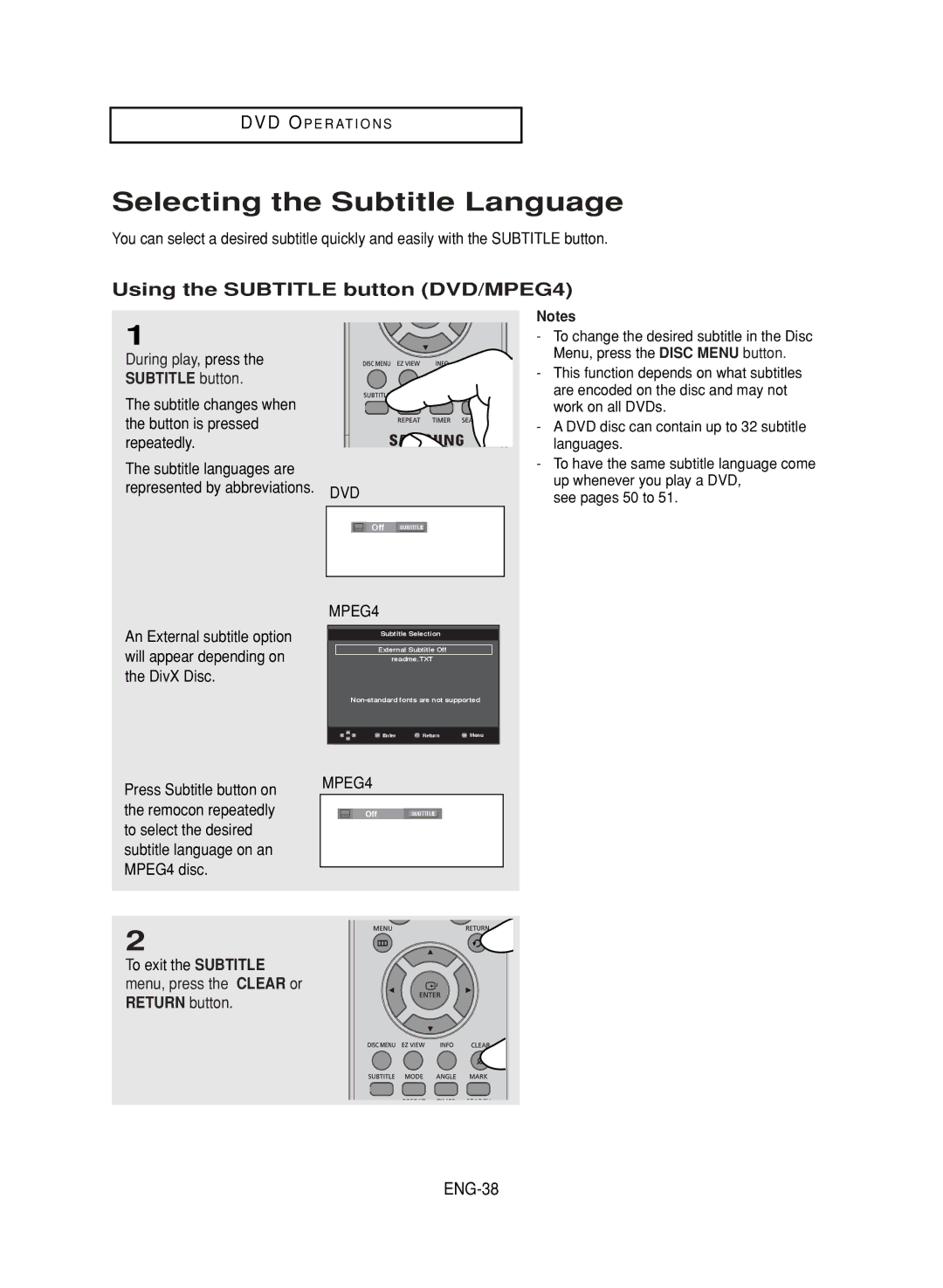 Samsung DVD-V9700 Selecting the Subtitle Language, Using the Subtitle button DVD/MPEG4, ENG-38, Press Subtitle button on 