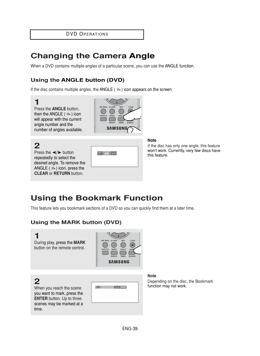 Samsung DVD-V9700 Changing the Camera Angle, Using the Bookmark Function, Using the Angle button DVD, ENG-39 