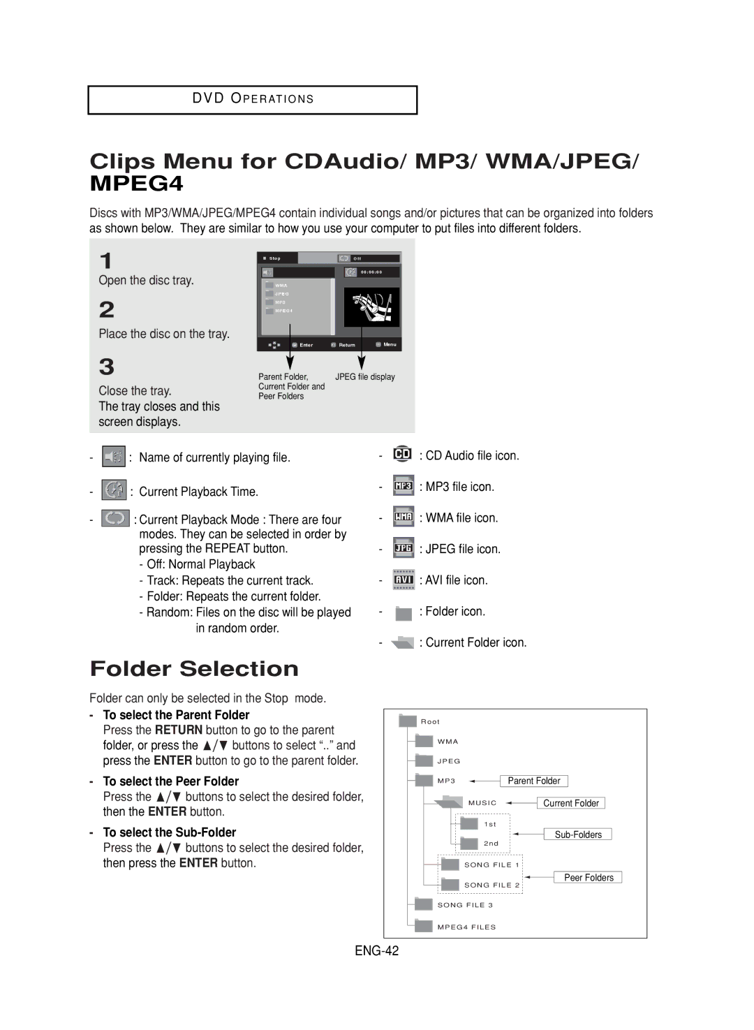 Samsung DVD-V9700 instruction manual Clips Menu for CDAudio/ MP3/ WMA/JPEG/ MPEG4, Folder Selection, ENG-42 