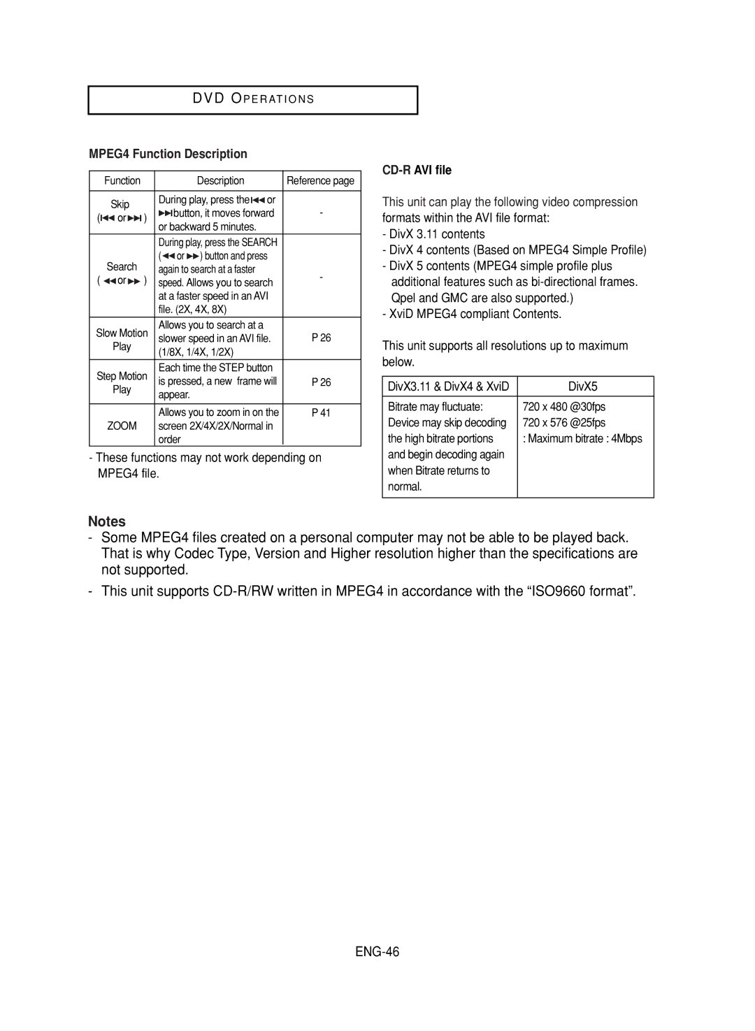 Samsung DVD-V9700 ENG-46, MPEG4 Function Description, These functions may not work depending on MPEG4 file, CD-R AVI file 