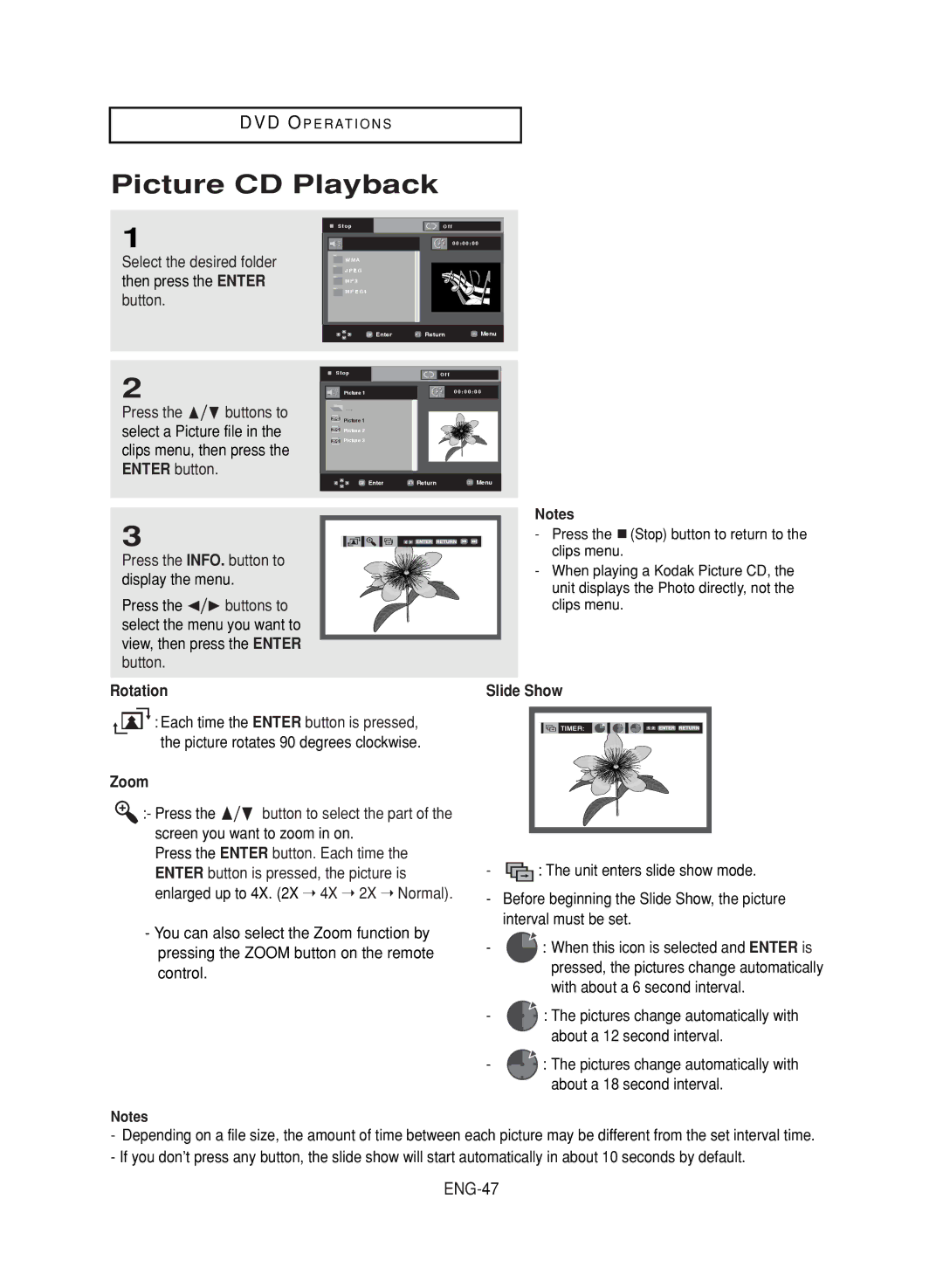 Samsung DVD-V9700 instruction manual Picture CD Playback, ENG-47, Rotation, Zoom, Slide Show 