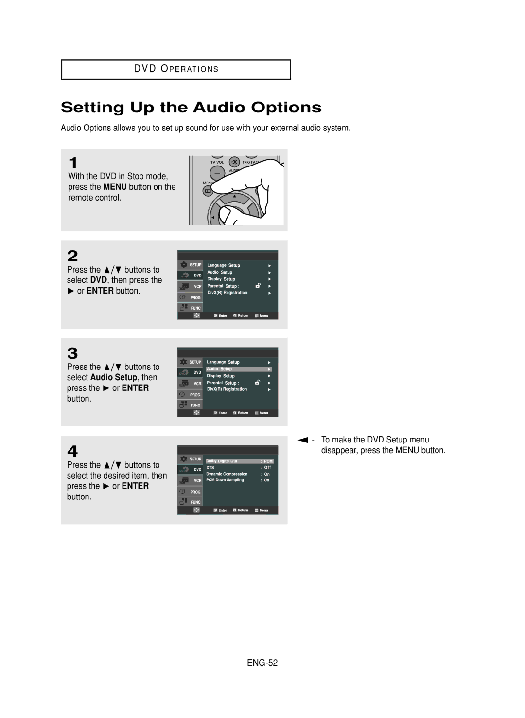 Samsung DVD-V9700 instruction manual Setting Up the Audio Options, ENG-52 