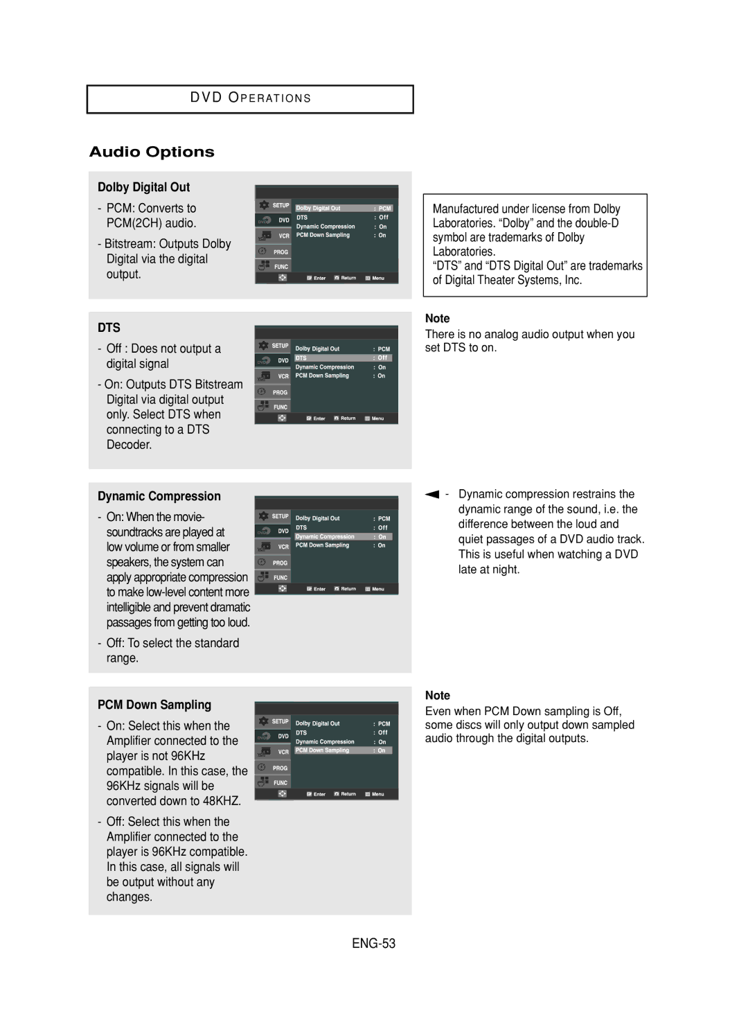 Samsung DVD-V9700 instruction manual Audio Options, ENG-53, Dolby Digital Out, Dynamic Compression, PCM Down Sampling 