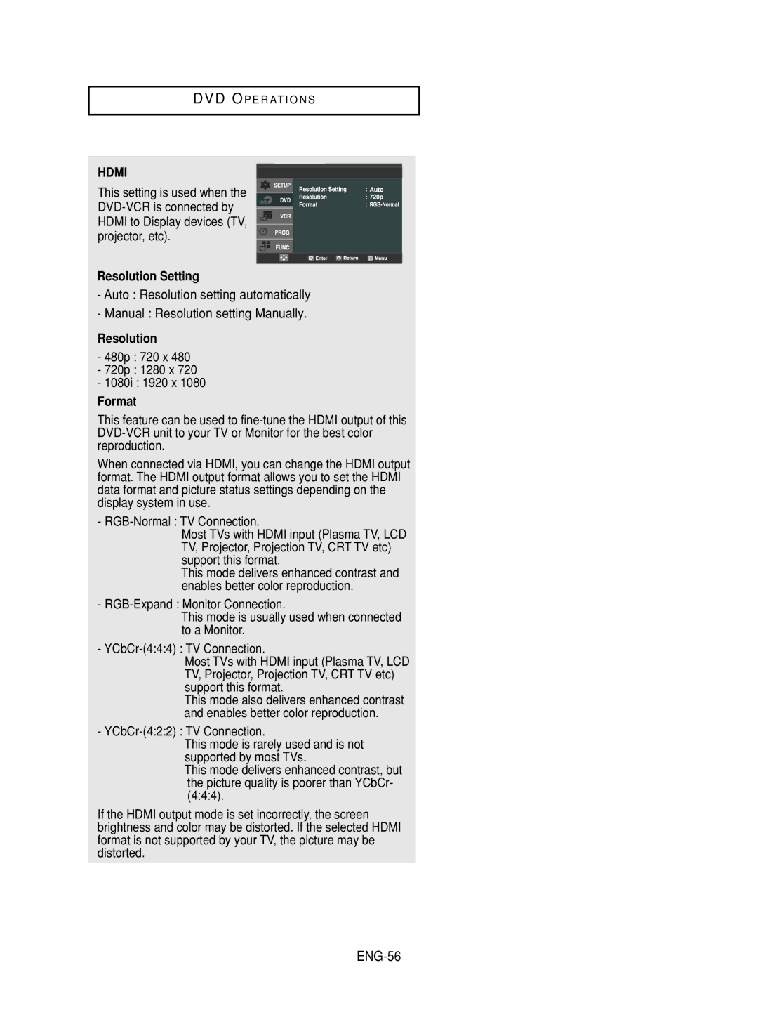 Samsung DVD-V9700 instruction manual ENG-56, Resolution Setting, 480p 720 x 720p 1280 x 1080i 1920 x, Format 