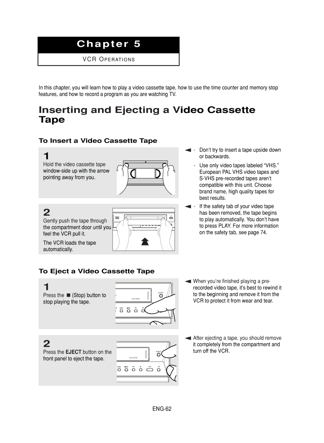 Samsung DVD-V9700 instruction manual Inserting and Ejecting a Video Cassette Tape, To Insert a Video Cassette Tape, ENG-62 