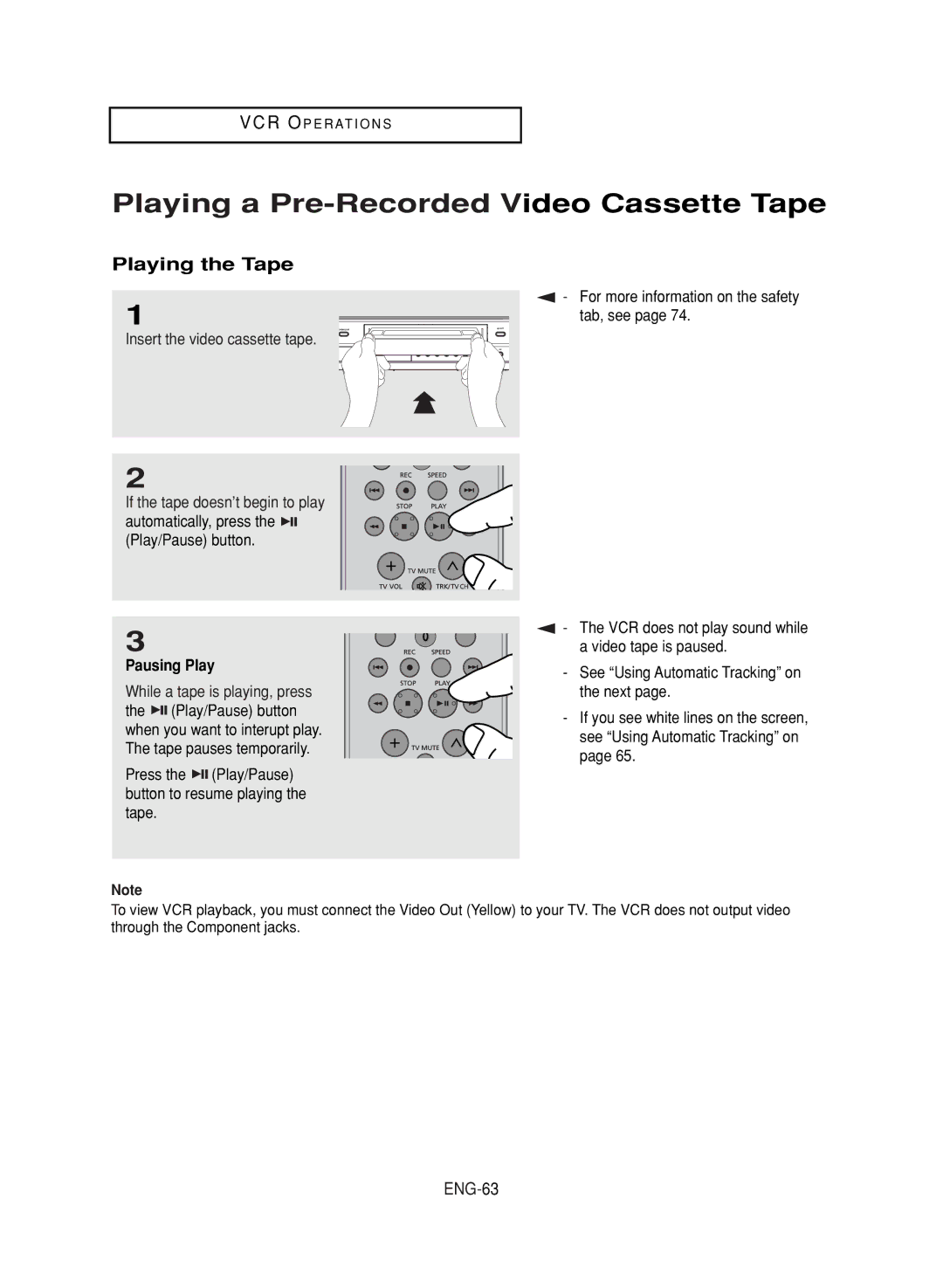 Samsung DVD-V9700 instruction manual Playing a Pre-Recorded Video Cassette Tape, Playing the Tape, ENG-63 