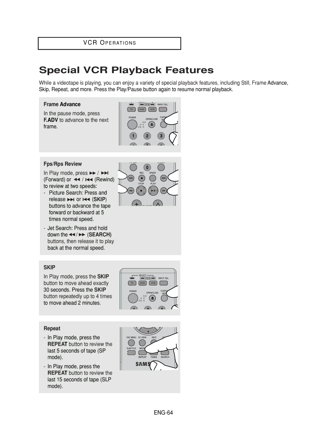 Samsung DVD-V9700 instruction manual Special VCR Playback Features, ENG-64, Frame Advance, Fps/Rps Review, Repeat 