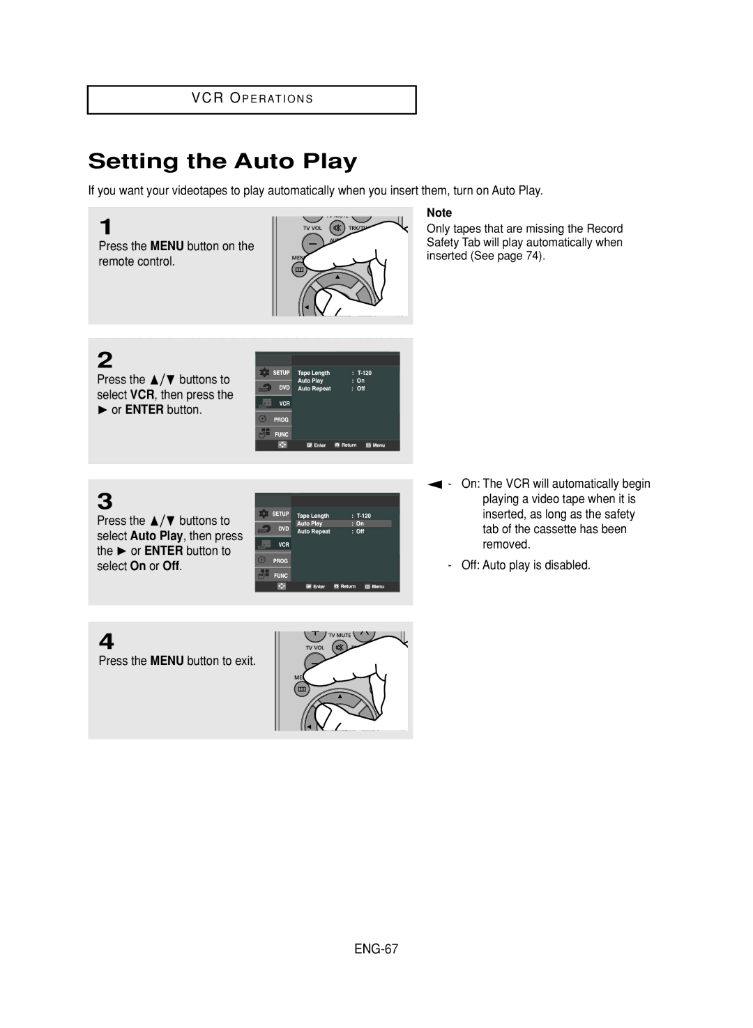 Samsung DVD-V9700 instruction manual Setting the Auto Play, ENG-67 