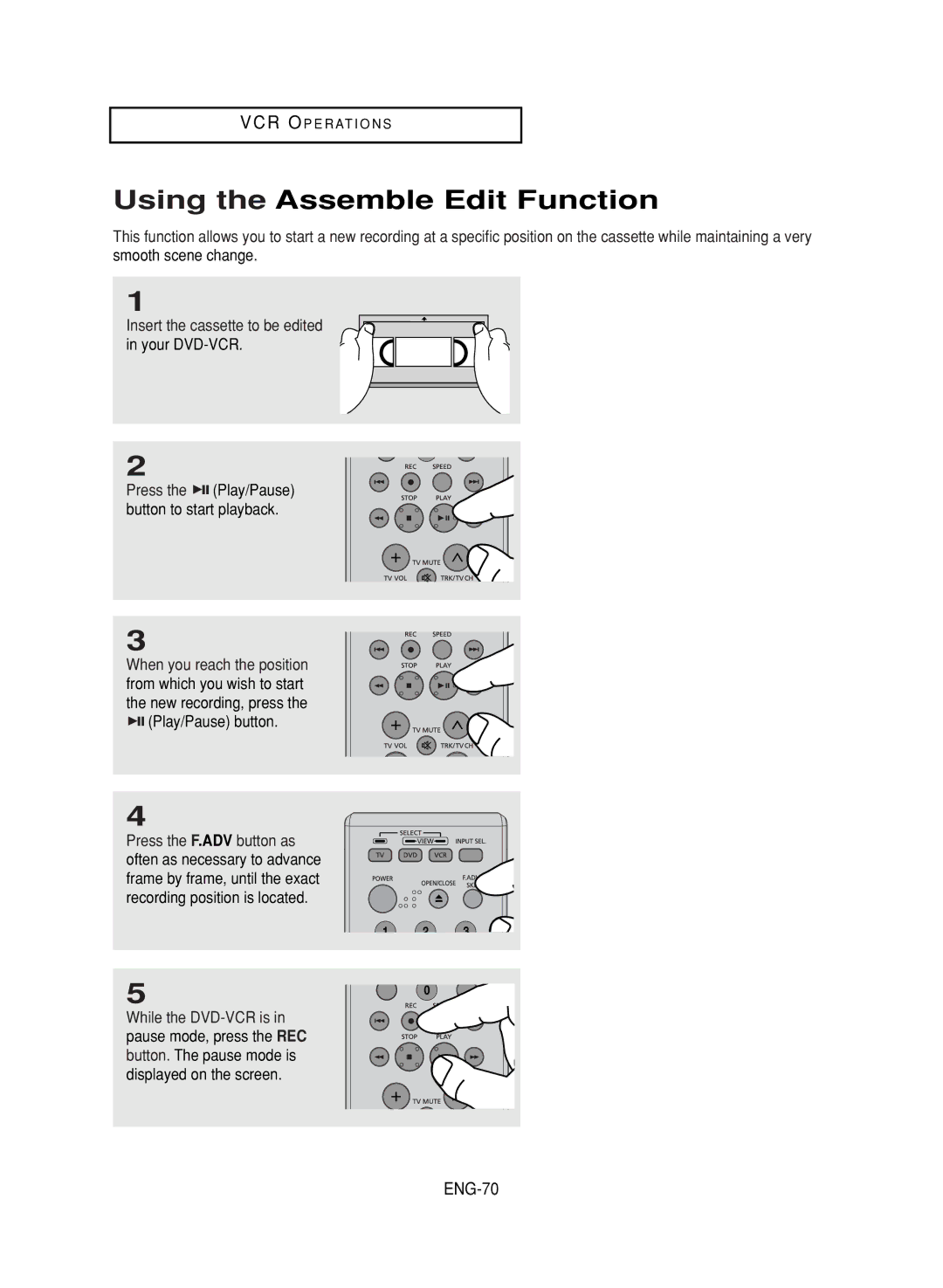 Samsung DVD-V9700 instruction manual Using the Assemble Edit Function, ENG-70 